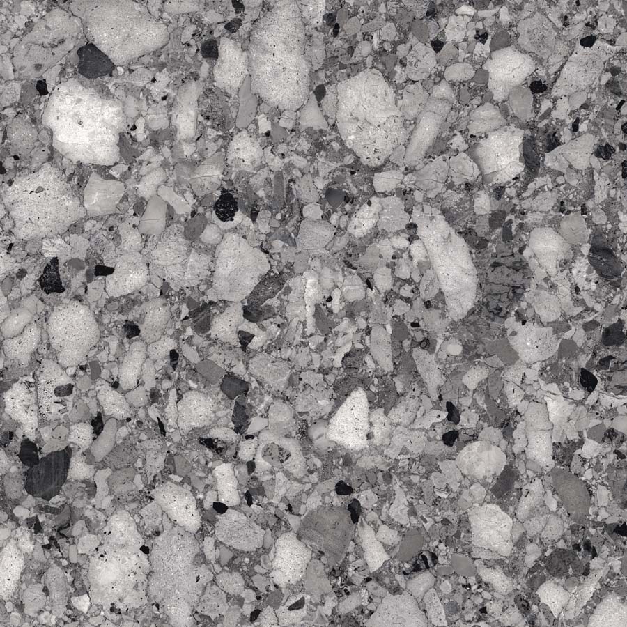 Fliese Terrazzo-Steinoptik dunkelgrau glänzend 120x120 cm "Veni Dark" rektifiziert