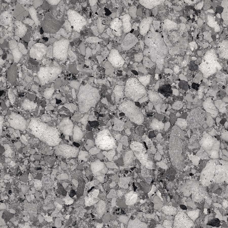 Fliese Terrazzo-Steinoptik dunkelgrau glänzend 120x120 cm "Veni Dark" rektifiziert
