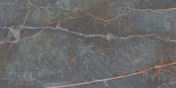 Freisteller der Monocibec On Stage Fortune in 60x120 cm, matt, mit dunkler anthrazit-blaugrauer Marmoroptik und kupferfarbenen Aderungen
