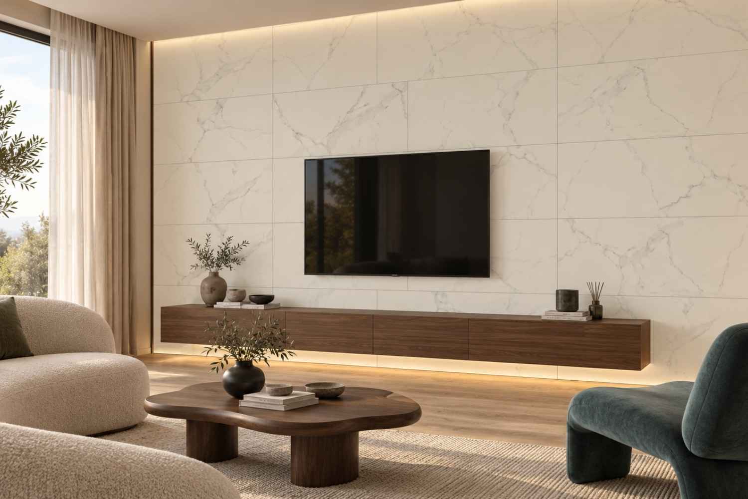 SPC Wandpaneele Marble Cristal in cremeweißer Marmoroptik mit feinen grauen Adern hinter einem Wandfernseher und schwebendem Holzlowboard mit indirekter Beleuchtung.
