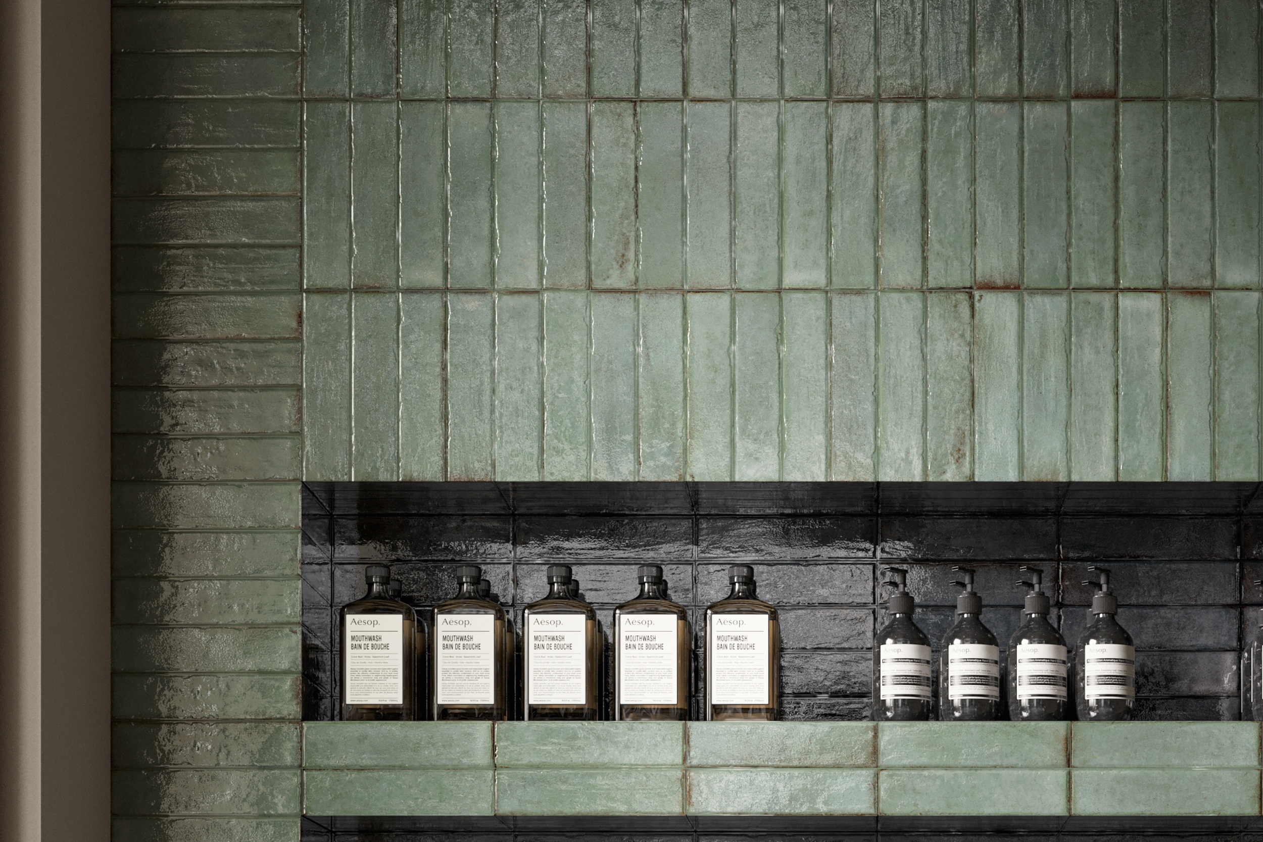 Fliese unregelmäßige Oberfläche 5x20 cm "Tetris Sage" grün-grau glänzend Fliese unregelmäßige Oberfläche 5x20 cm "Tetris Sage" grün-grau glänzend