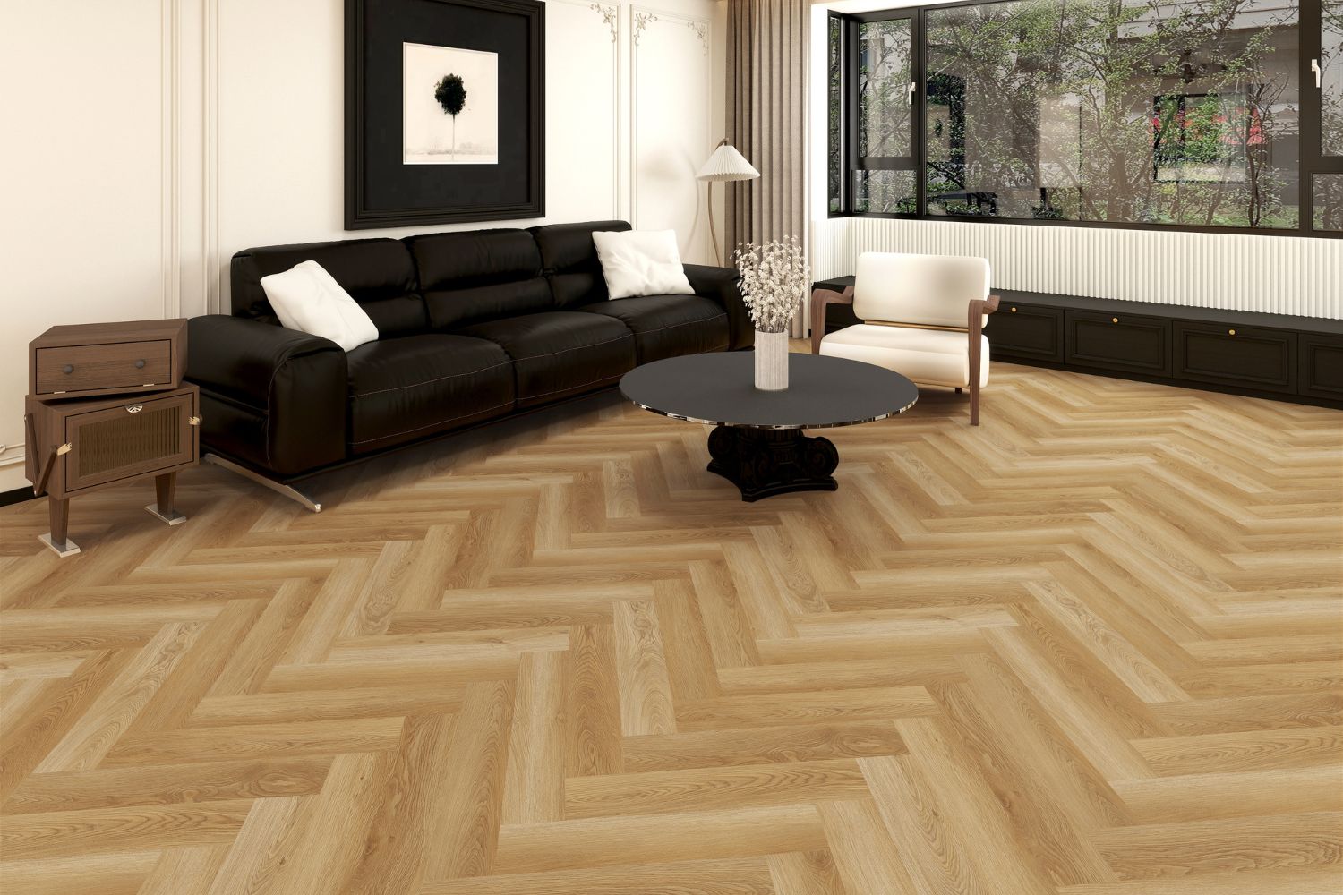 SPC Klick-Vinyl "Landhaus Herringbone" Eiche warm Fischgrät 15x75x0,65 cm matt mit Trittschalldämmung