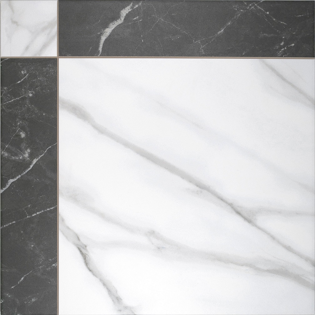 Marmoroptik mit Rahmen schwarz-weiß 44,2x44,2cm "Grace Nero" Feinsteinzeug rektifiziert