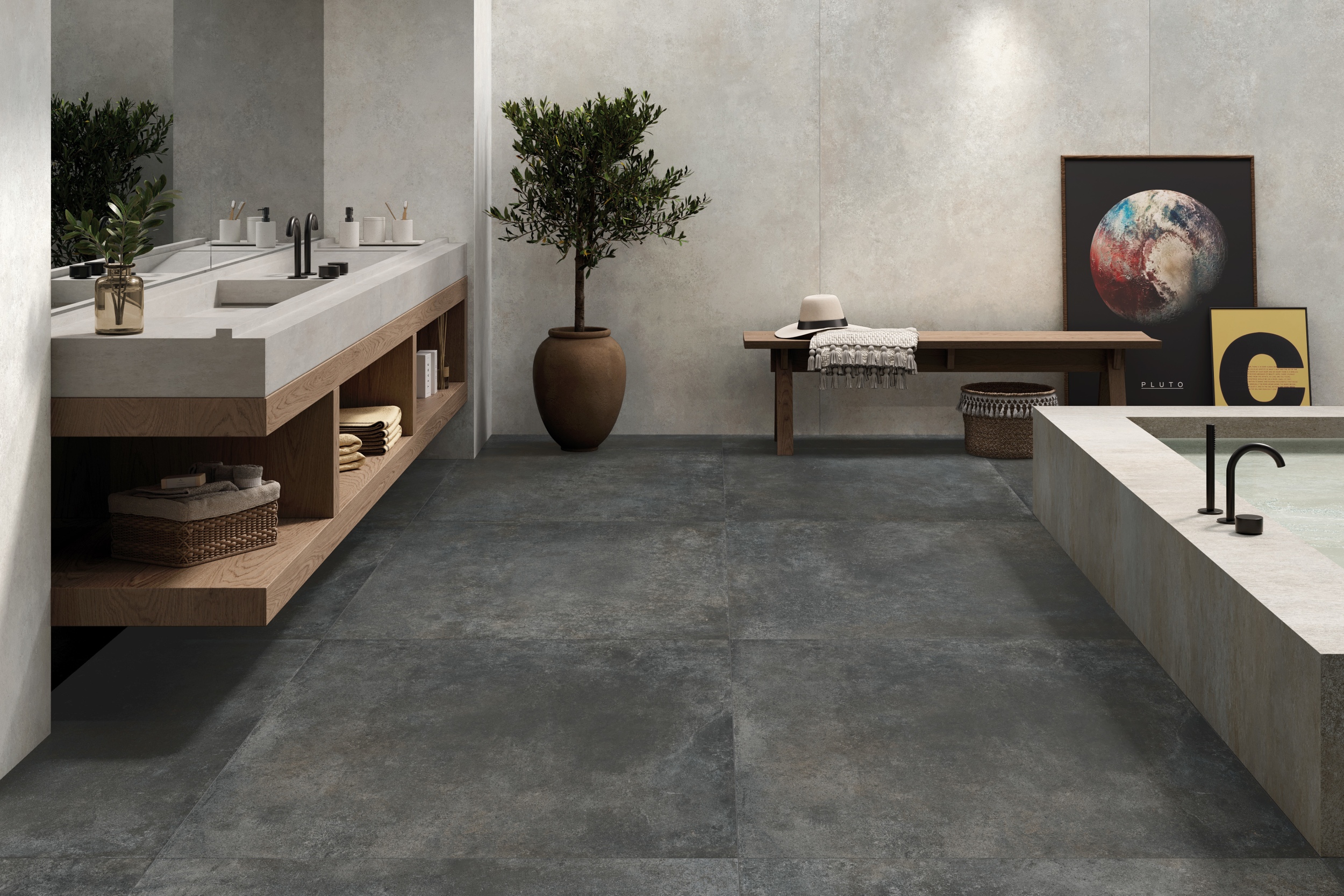 Fliese Betonoptik Ferro Tobacco matt Bodenfliese Wandfliese dunkelgrau braun im Badezimmer Fliese Betonoptik Ferro Tobacco matt Bodenfliese Wandfliese dunkelgrau braun im Badezimmer