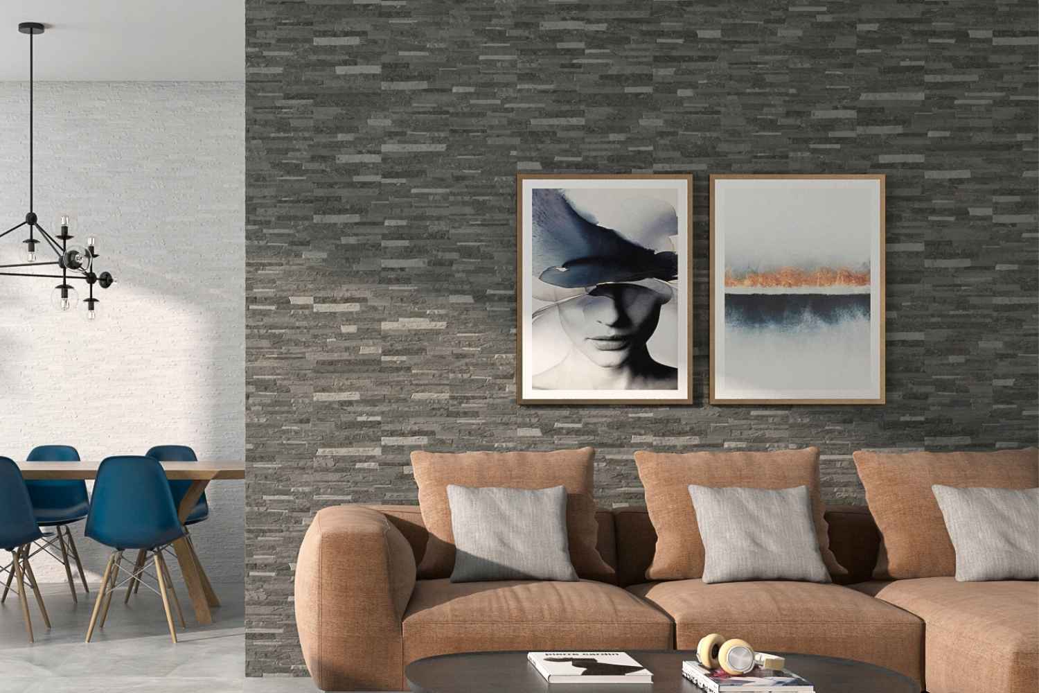 Verblender-Fliese grau 17x52 cm "Mubi Gris" Wandverblender Naturstein-Optik Feinsteinzeug