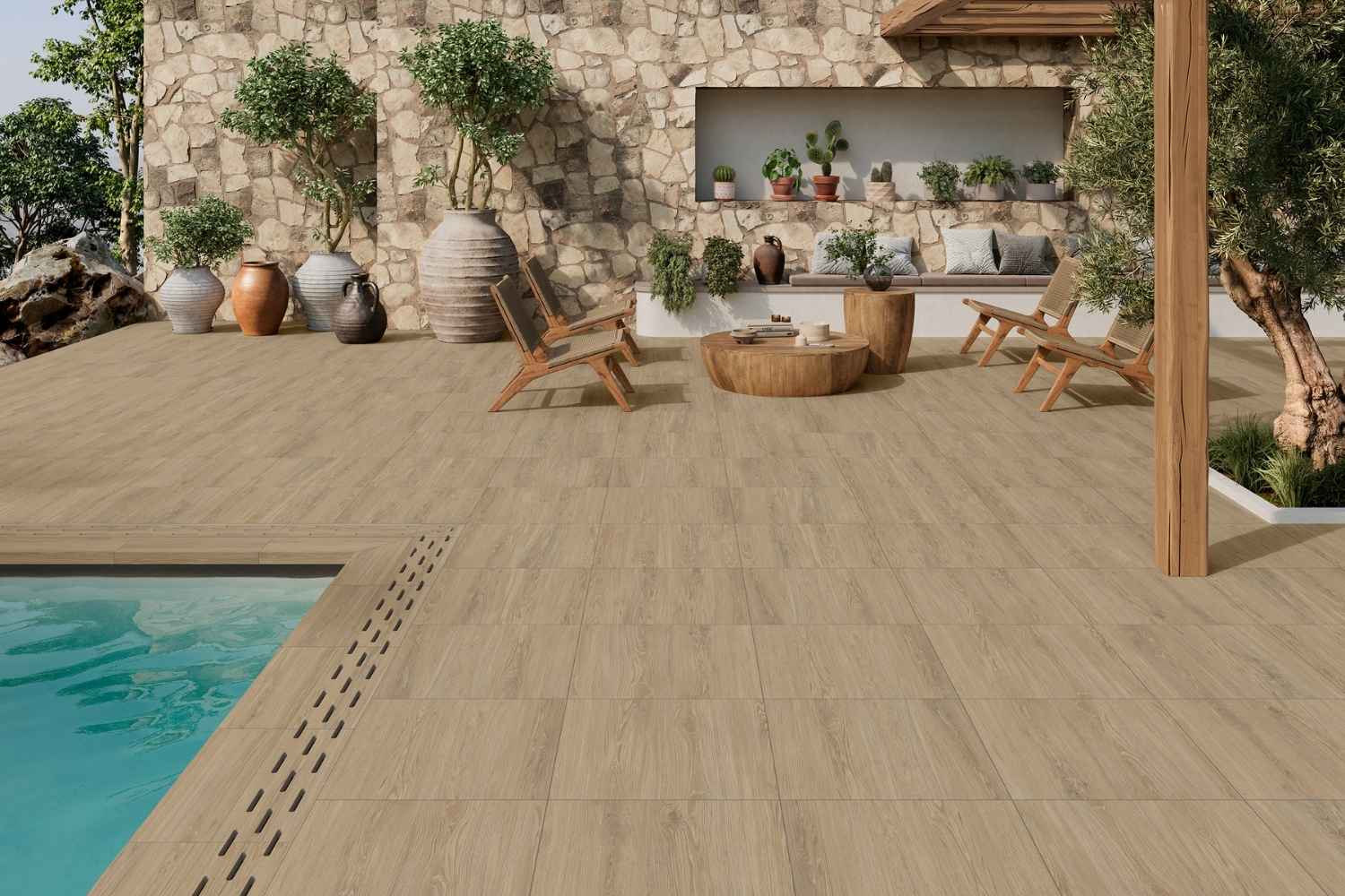 Restposten Terrassenplatten Holzoptik braun 60x60x2cm "Tribecca Oak" Feinsteinzeug rektifiziert