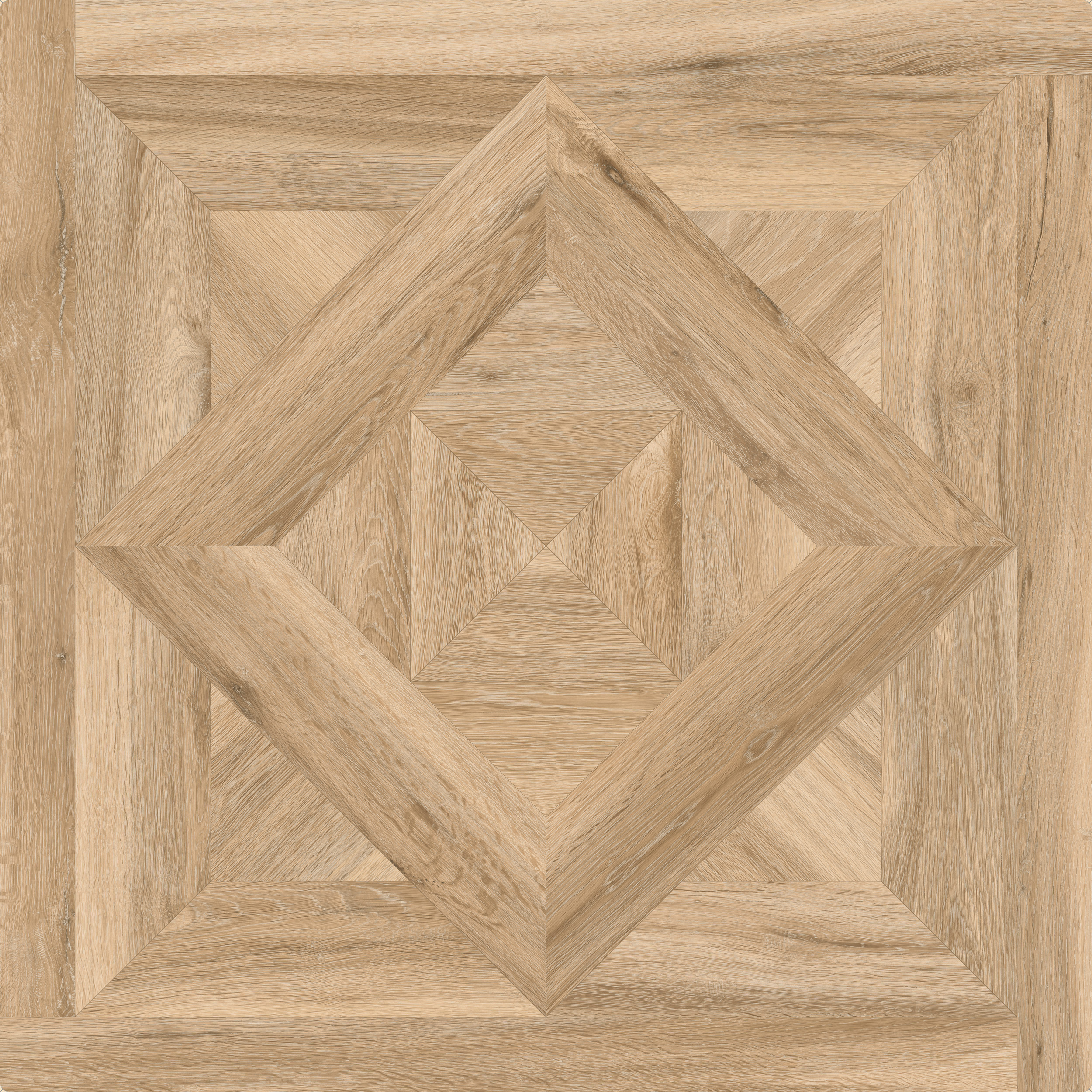 Freisteller der Sant Agostino Ricordi Glam 01 Barkwood Honey im Format 90x90 cm mit warmer honigfarbener Holzoptik, markanter Maserung und aufwendig geometrischer Tafelparkett- und Kassettenparkett-Struktur