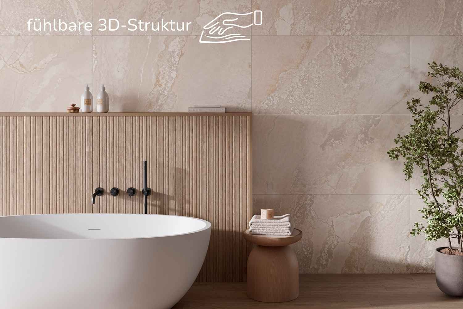 Fliese Metalloptik beige matt 60x120cm "Planet Cream" Feinsteinzeug rektifiziert - mit fühlbarer 3D-Struktur