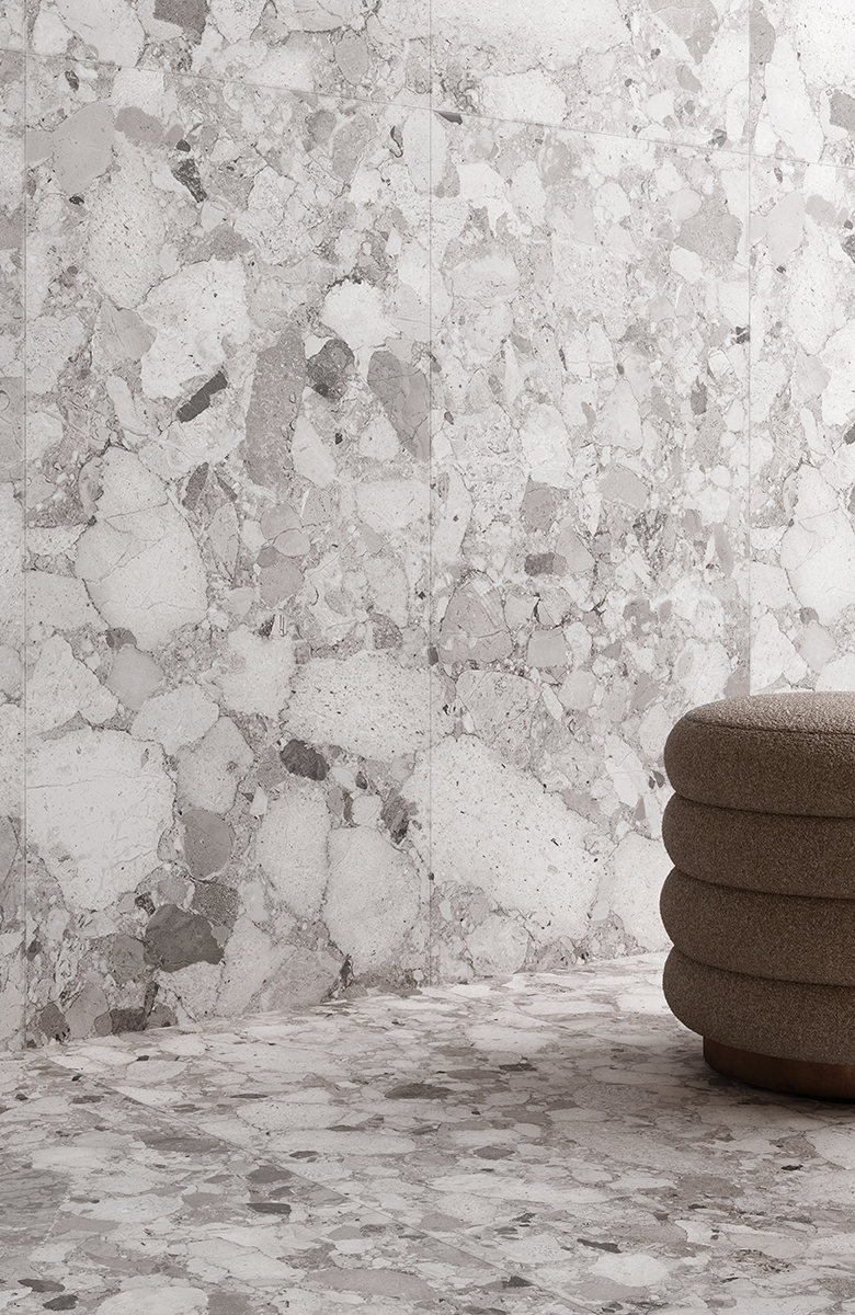 Fliese Terrazzo-Steinoptik grau matt kalibriert Venistone Grey Sant Agostino