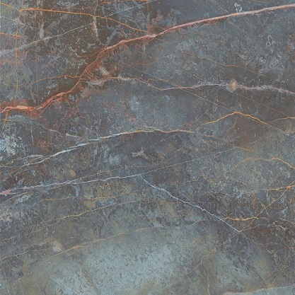 Freisteller der Monocibec On Stage Fortune in 120x120 cm, leicht glänzend, mit dunkler anthrazit-blaugrauer Marmoroptik und kupferfarbenen Aderungen
