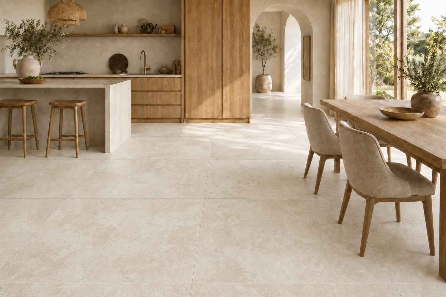 Fliese Steinoptik 100x100 cm "Hayden Bone" hellbeige Feinsteinzeug rektifiziert