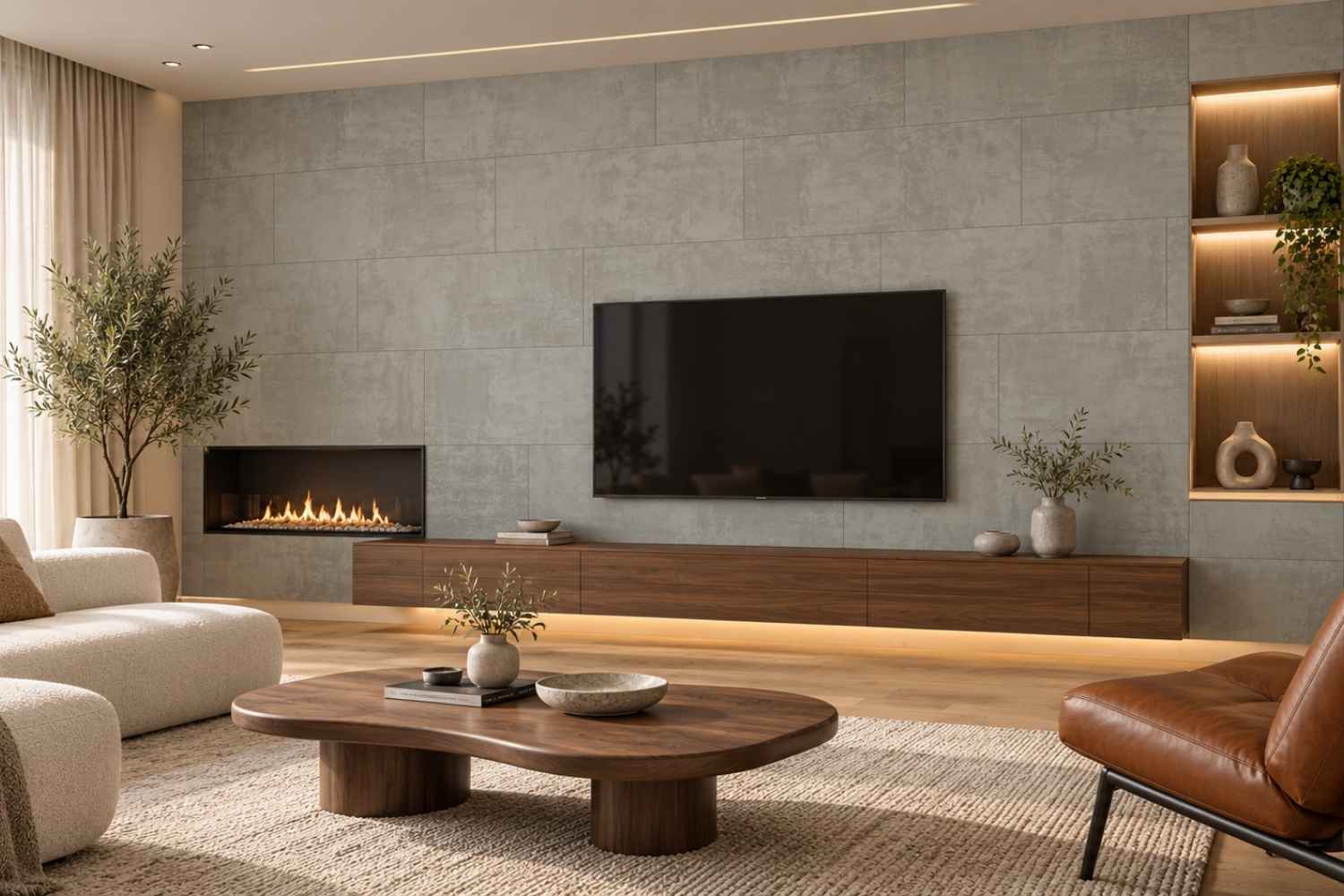 SPC Wandpaneele Stone Antracita in grauer Steinoptik mit wolkiger Struktur und sichtbaren Fugen hinter einem Wandfernseher, mit integriertem Kamin und schwebendem Holzlowboard.