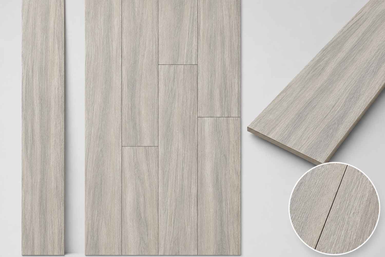 Olmo Beige 20x120 cm matt in heller beige-grauer Holzoptik, gezeigt als einzelne Diele, verlegte Fläche und Detailansicht der feinen Maserung