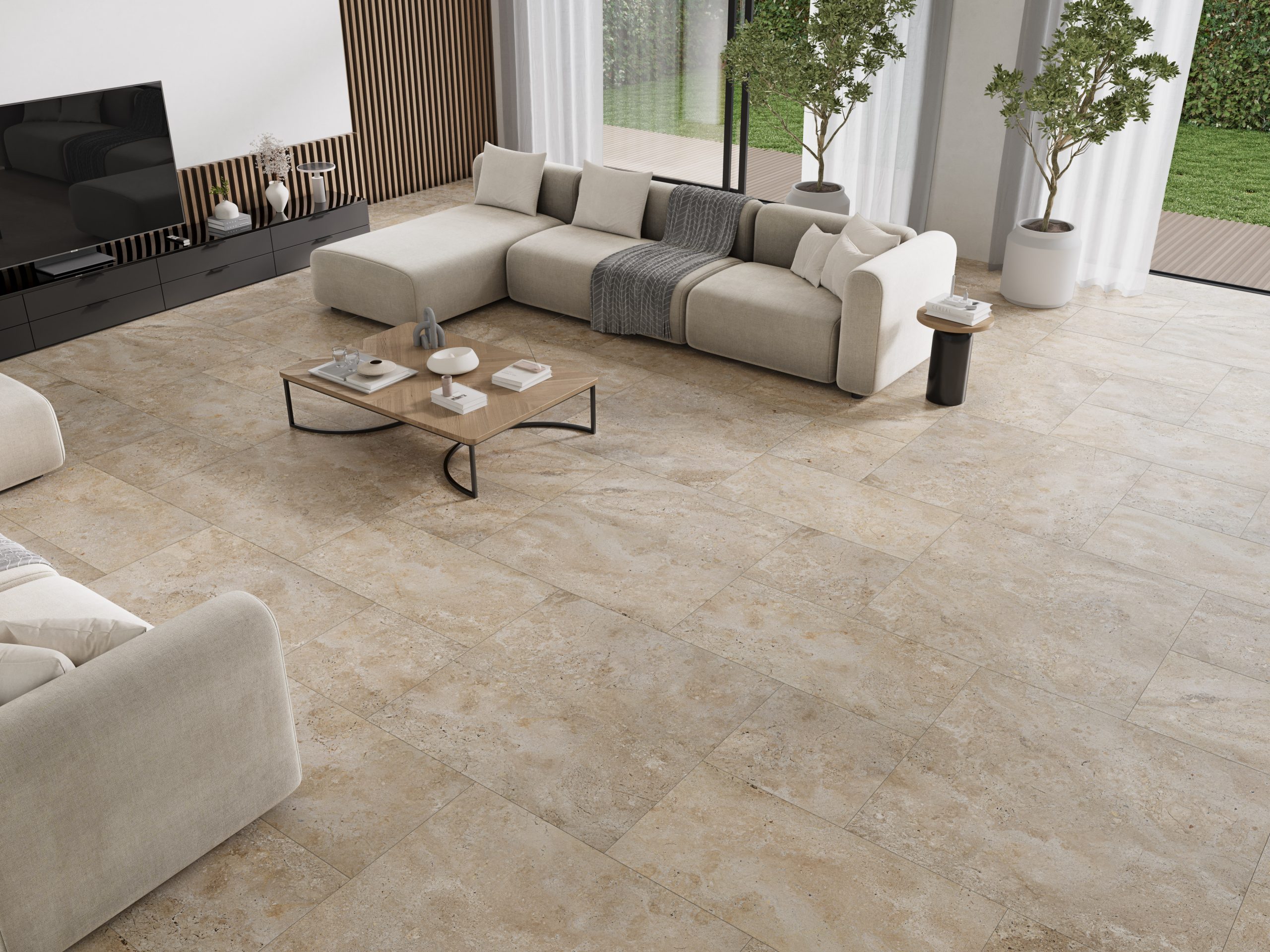 Fliese Natursteinoptik beige matt 60 x60 cm "Petra Beige" Feinsteinzeug mit fühlbarer 3D-Steinstruktur
