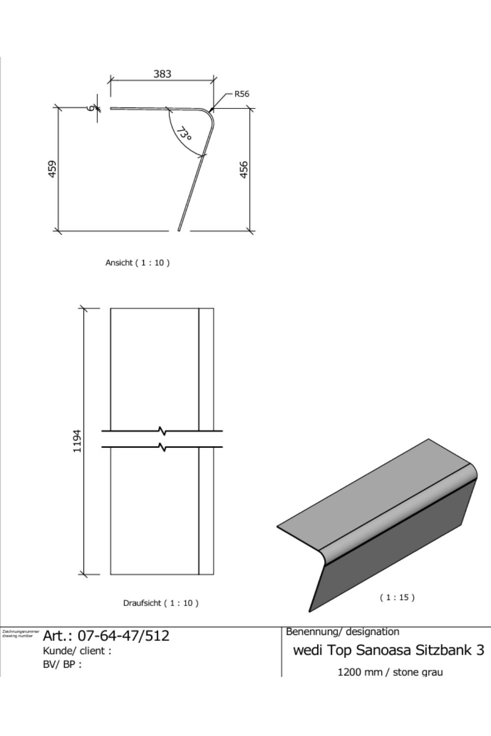 wedi Sanoasa Top Sitzbank "Stone Grau" Natursteinoptik – montagefertige Oberfläche 120x38x45,9 cm