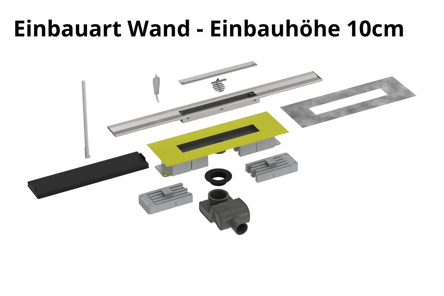 Kürzbare Duschrinne schwarz pulverbeschichtet „V-Shower Wand“ Komplettset Einbauhöhe 10cm  | Länge 100cm