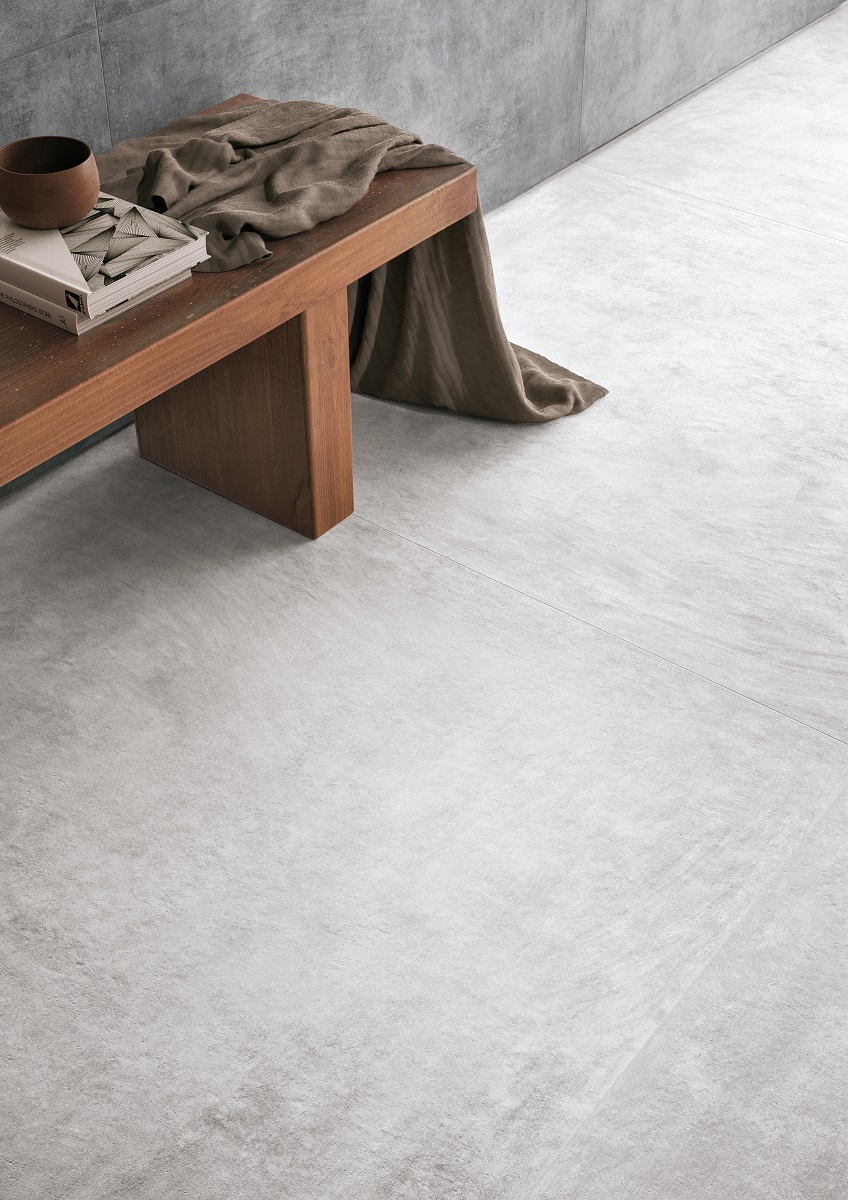 Fliese Betonoptik Zementoptik weiß-grau kalibriert Affrescati Calce