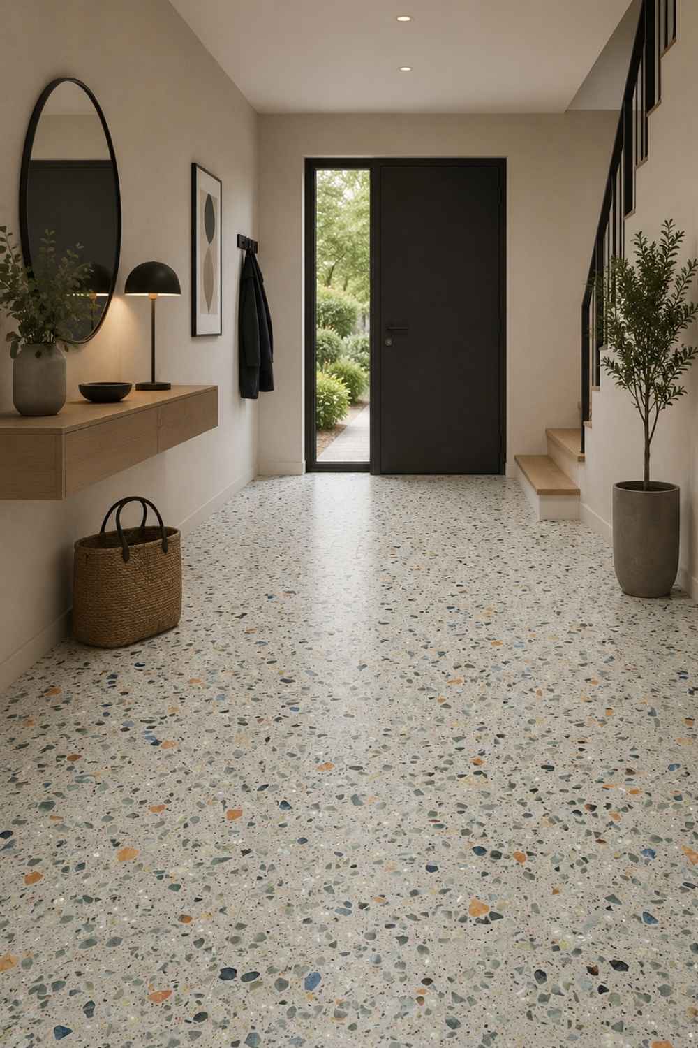 Moderner Eingangsbereich mit Sant Agostino Glow Plus Sage matt als Bodenfliese in heller Terrazzo-Optik mit feinen Steinfragmenten in Grau, Beige, Blau und warmen Naturtönen
