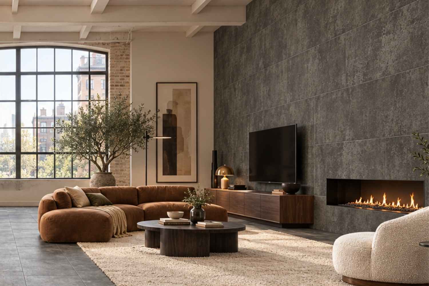 SPC Wandpaneele Stone Marquina in dunkelgrauer Steinoptik mit lebhafter Struktur und sichtbaren Fugen als TV- und Kaminwand im Wohnzimmer mit braunem Sofa und cremefarbenem Sessel.