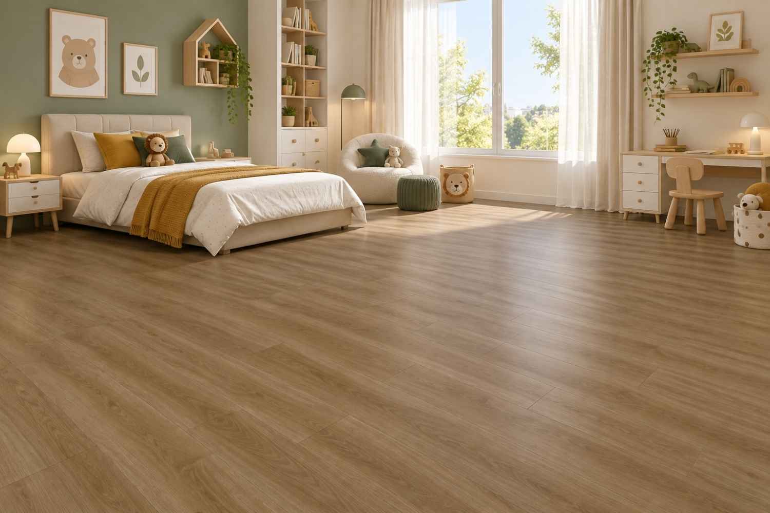 SPC Vinylboden Betulla Roble in warmer brauner Eichenoptik mit feiner Maserung im hellen Kinderzimmer mit beigem Polsterbett, grüner Akzentwand und Holzschreibtisch.