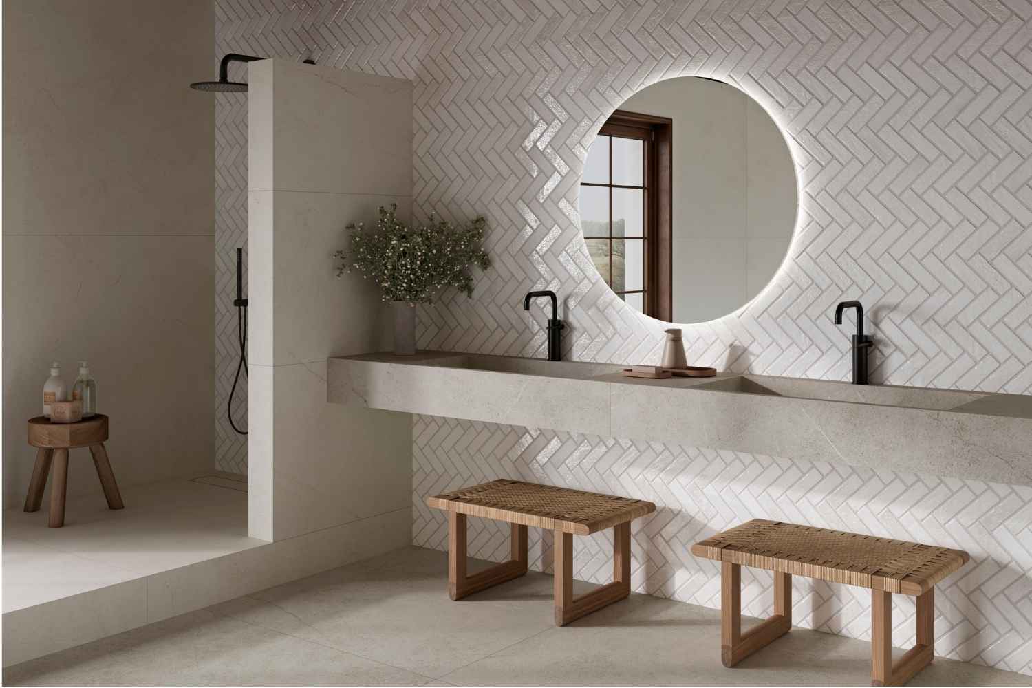 Fliese Vintage weiß 40x60 cm „Coimbra White“ Fischgrät-Optik Feinsteinzeug