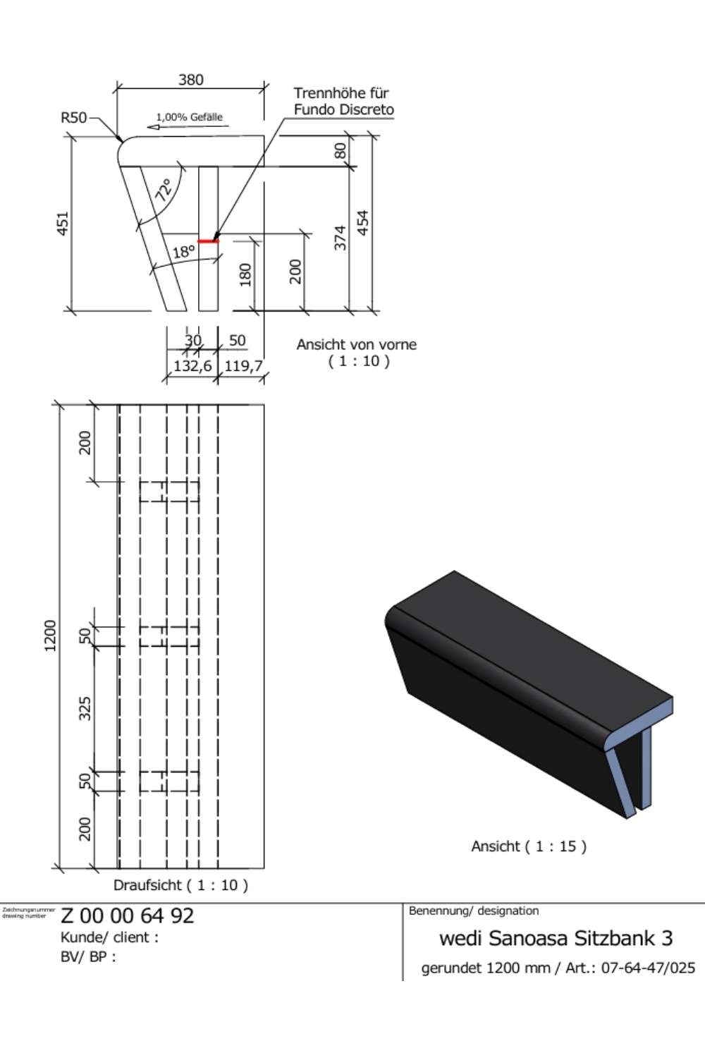 wedi Sanoasa Sitzbank – befliesbare Duschbank gerundet 1200×380×454 mm