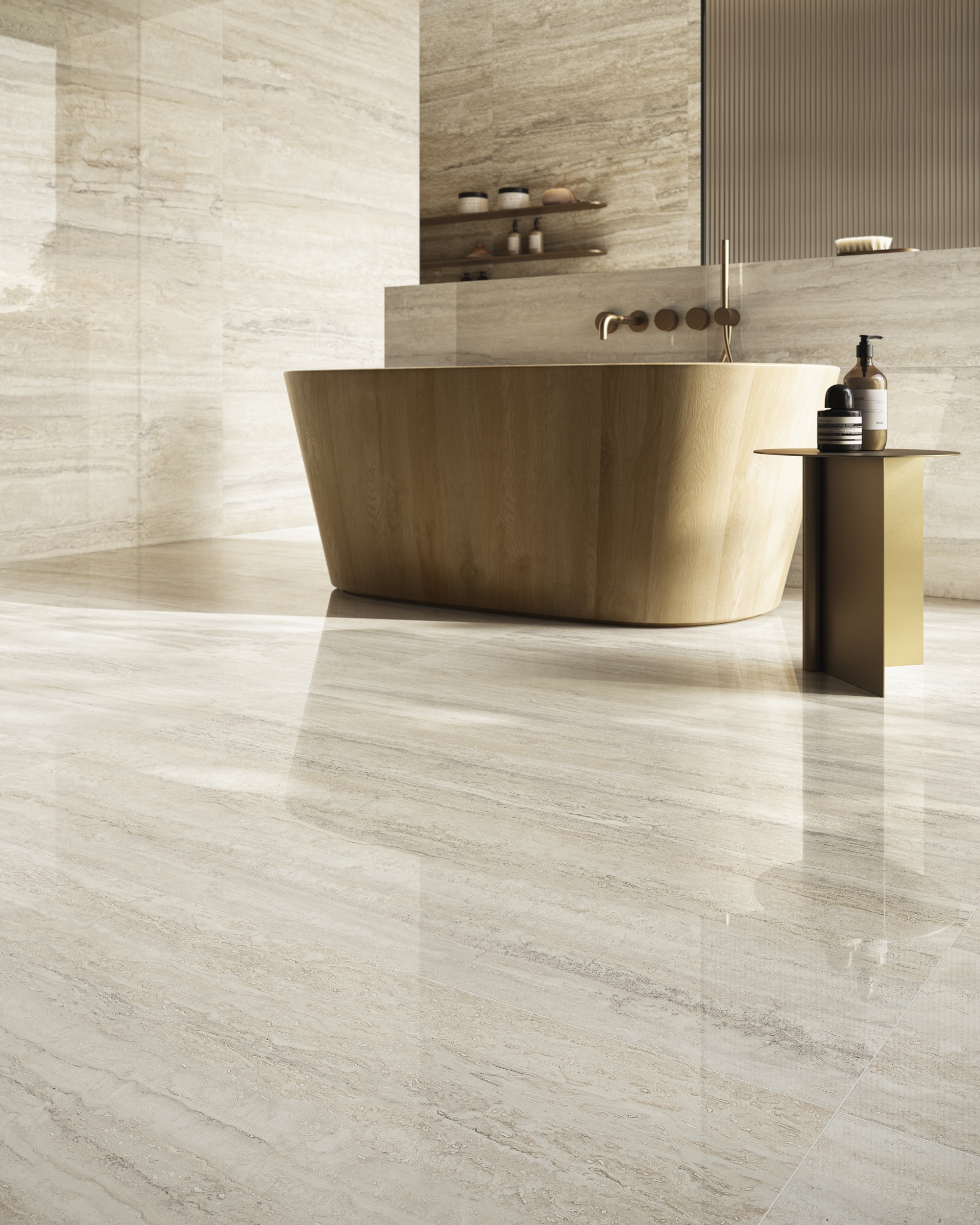 Fliese Travertin-Steinoptik Invictus Ivory Kristall creme glänzend Sant Agostino Ambiente Bodenfliesen
