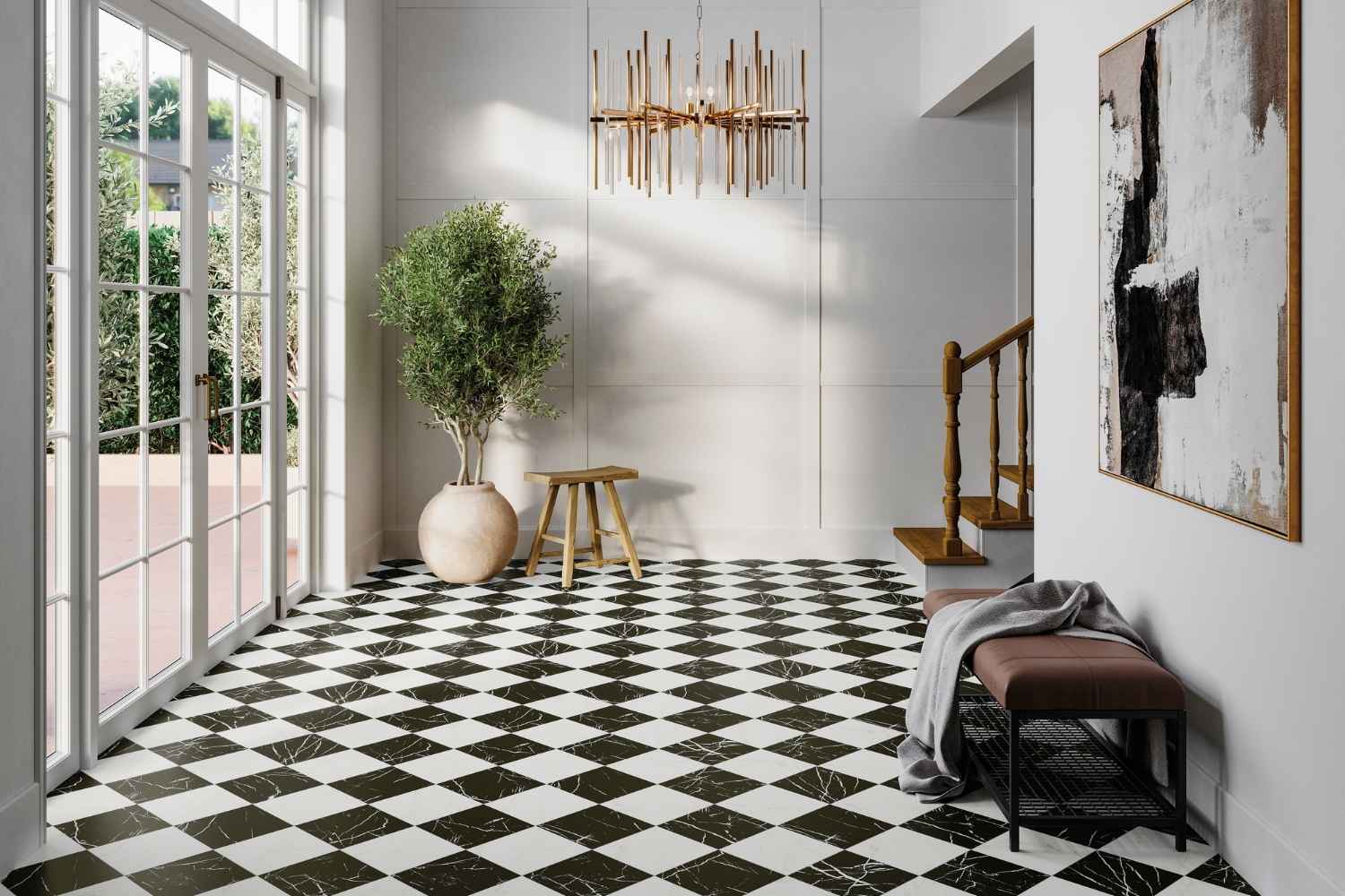 Fliese Marmor-Optik schwarz-weiß matt 44,2x44,2cm "Chess Marquina" Feinsteinzeug rektifiziert