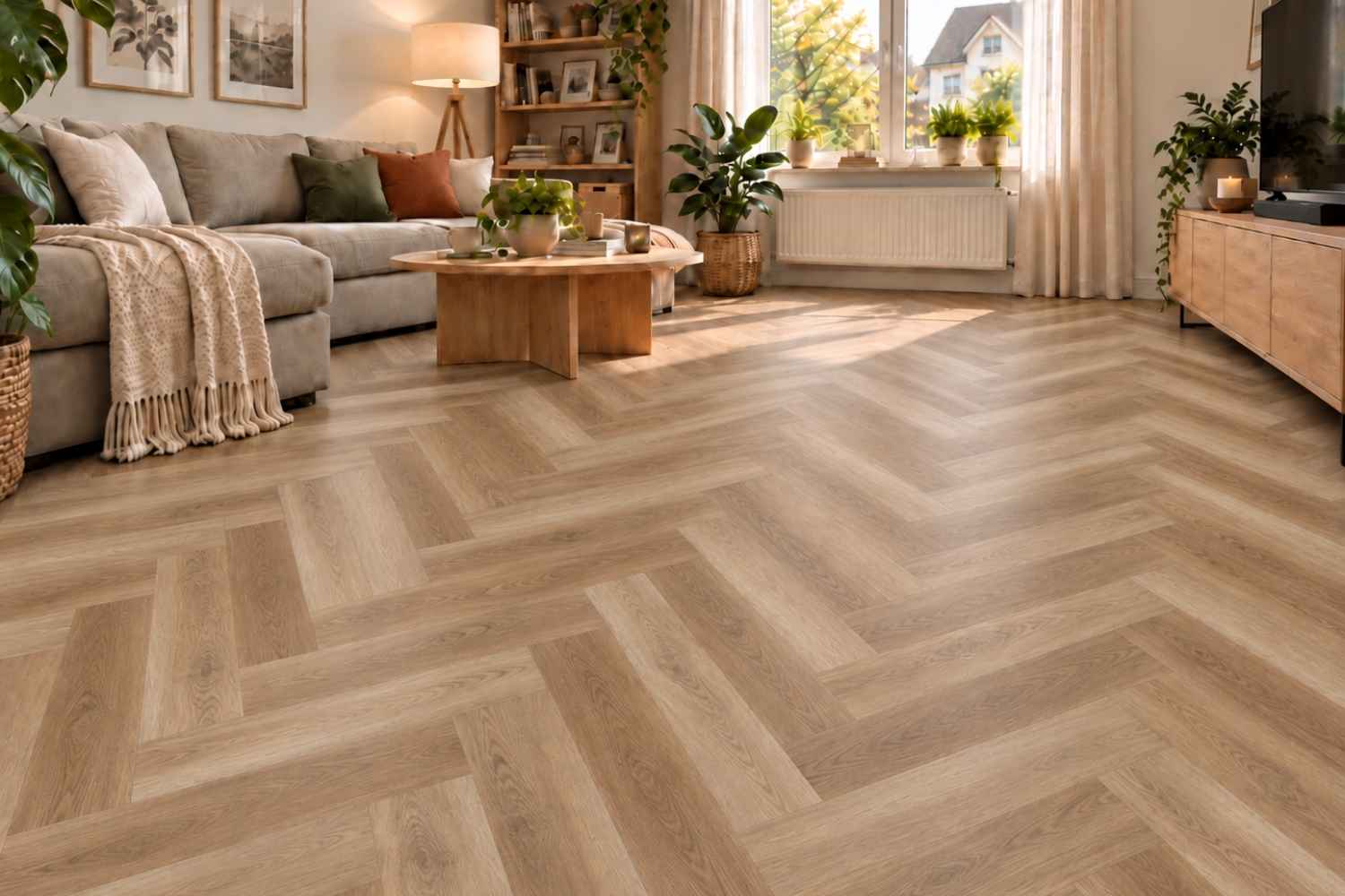 SPC Klick-Vinyl Landhaus Eiche warm Herringbone 15x75x0,65 cm matt mit Trittschalldämmung