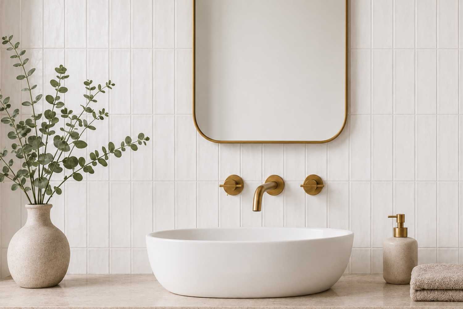 Matte weiße Wandfliese Marrakesh Glow Blanco im modernen Badezimmer mit Aufsatzwaschbecken und goldener Armatur