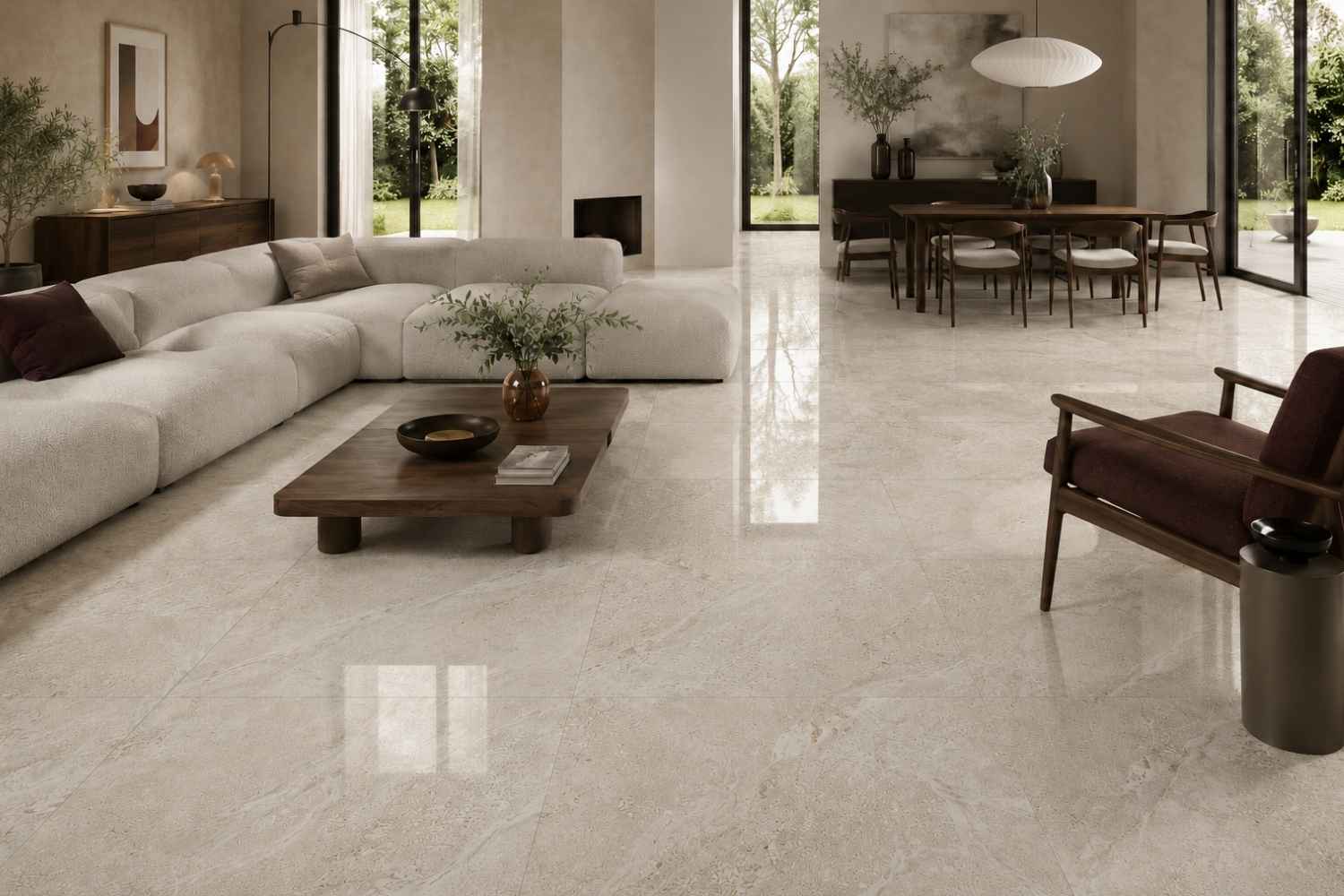 Restposten Fliese Steinoptik beige grau glänzend 80 x 80 cm "Dyna Pearl" Feinsteinzeug rektifiziert