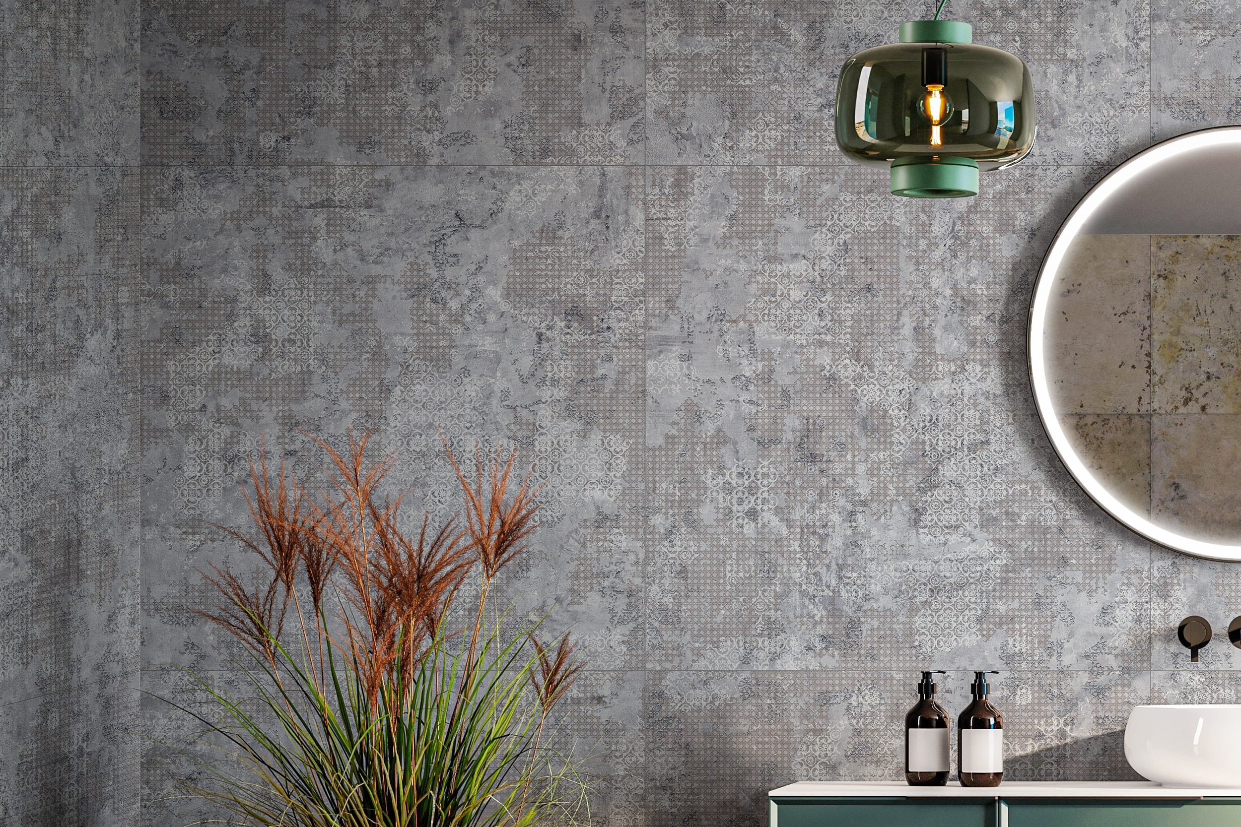 Aparici Wandfliese Teppichoptik Rug Grey im Wohnzimmer Fliese Vintageoptik grau Aparici Wandfliese Teppichoptik Rug Grey im Wohnzimmer Fliese Vintageoptik grau