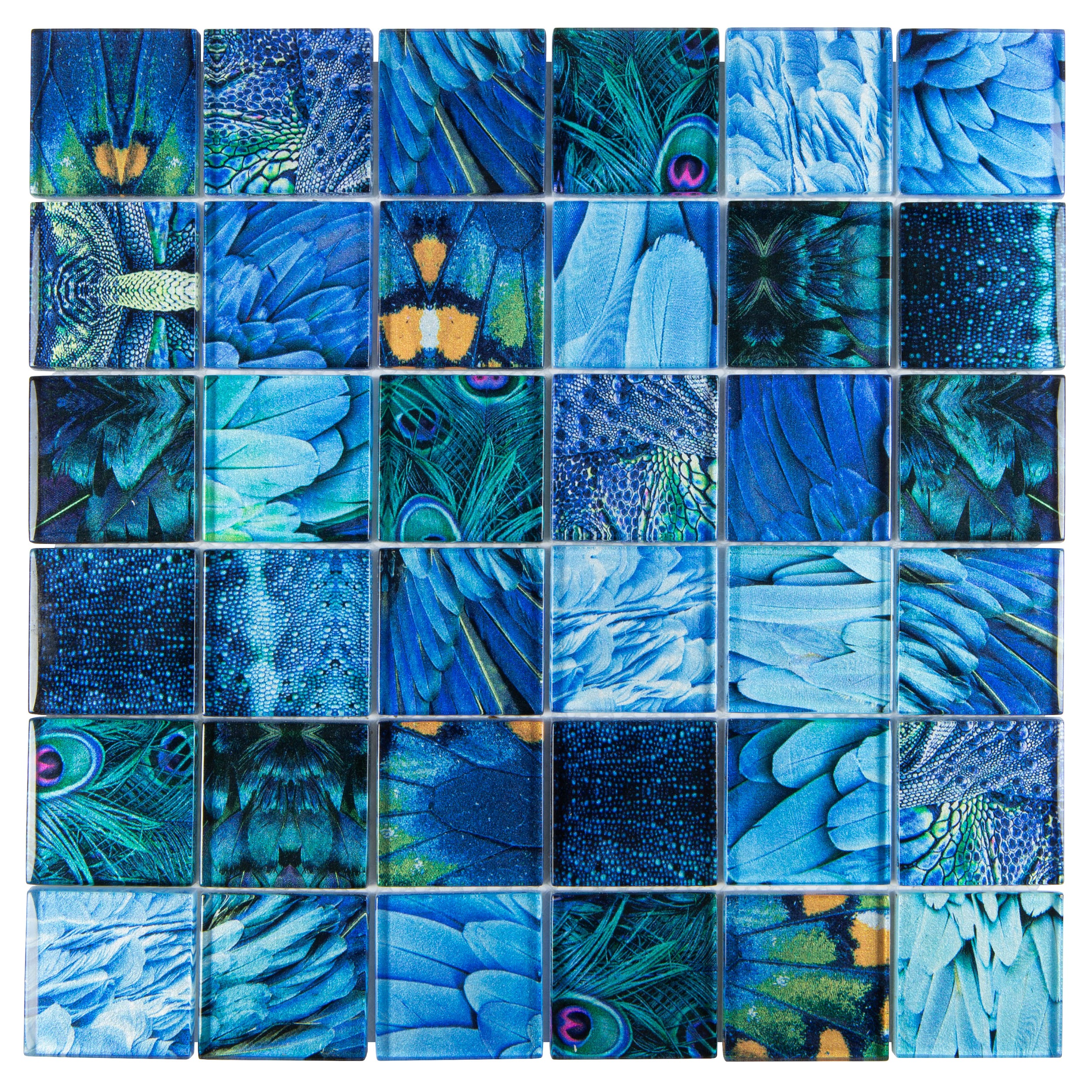 Glasmosaik Mosaikfliese Tiere Federn Crystal Blue Wildlife Vögel Pfau blau lila