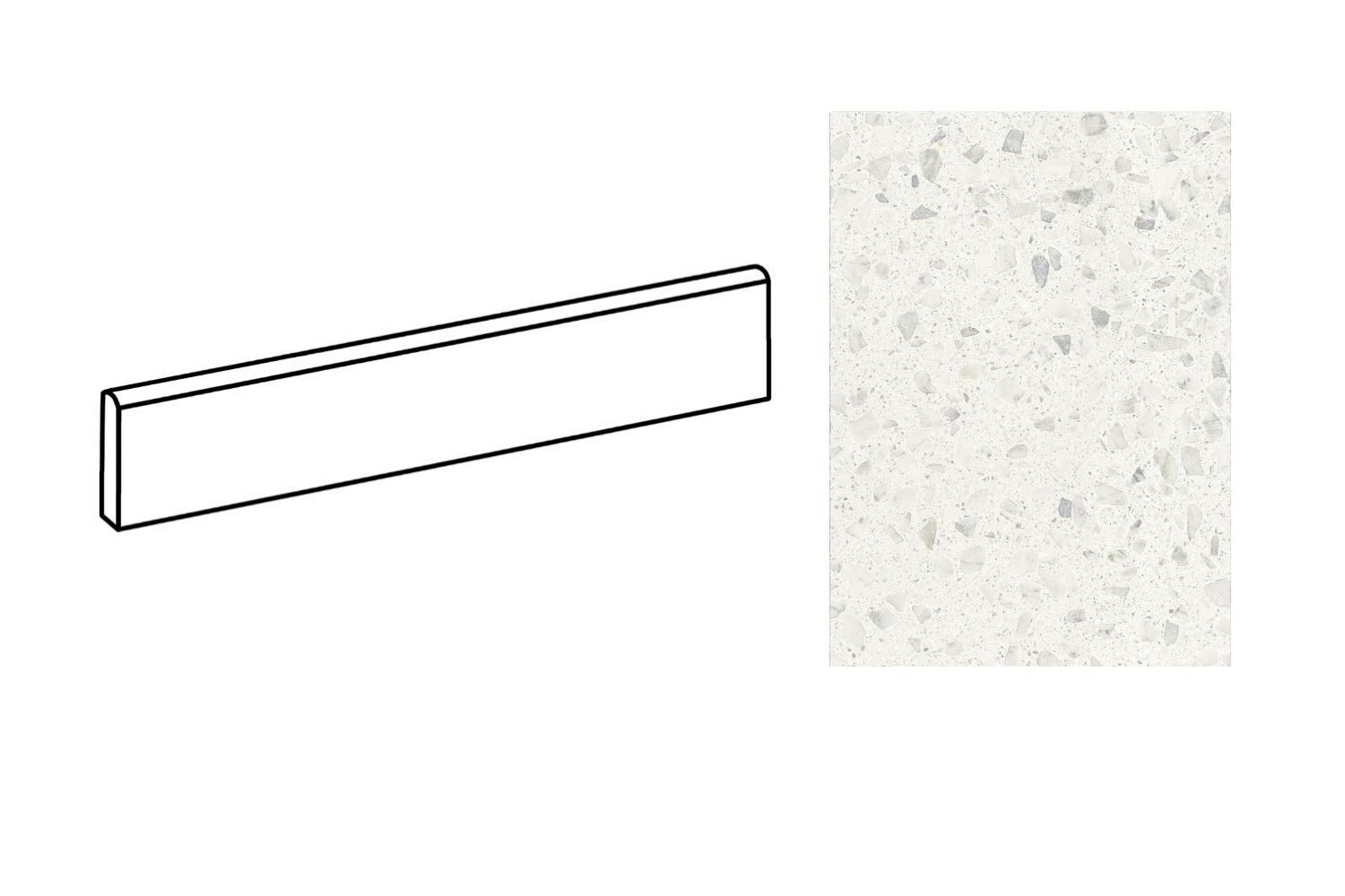 Sant Agostino Glow Light Fliesensockel passend zur gleichnamigen Fliesenserie, in sehr heller Terrazzo-Optik mit dezenten grauen und beigefarbenen Steinfragmenten