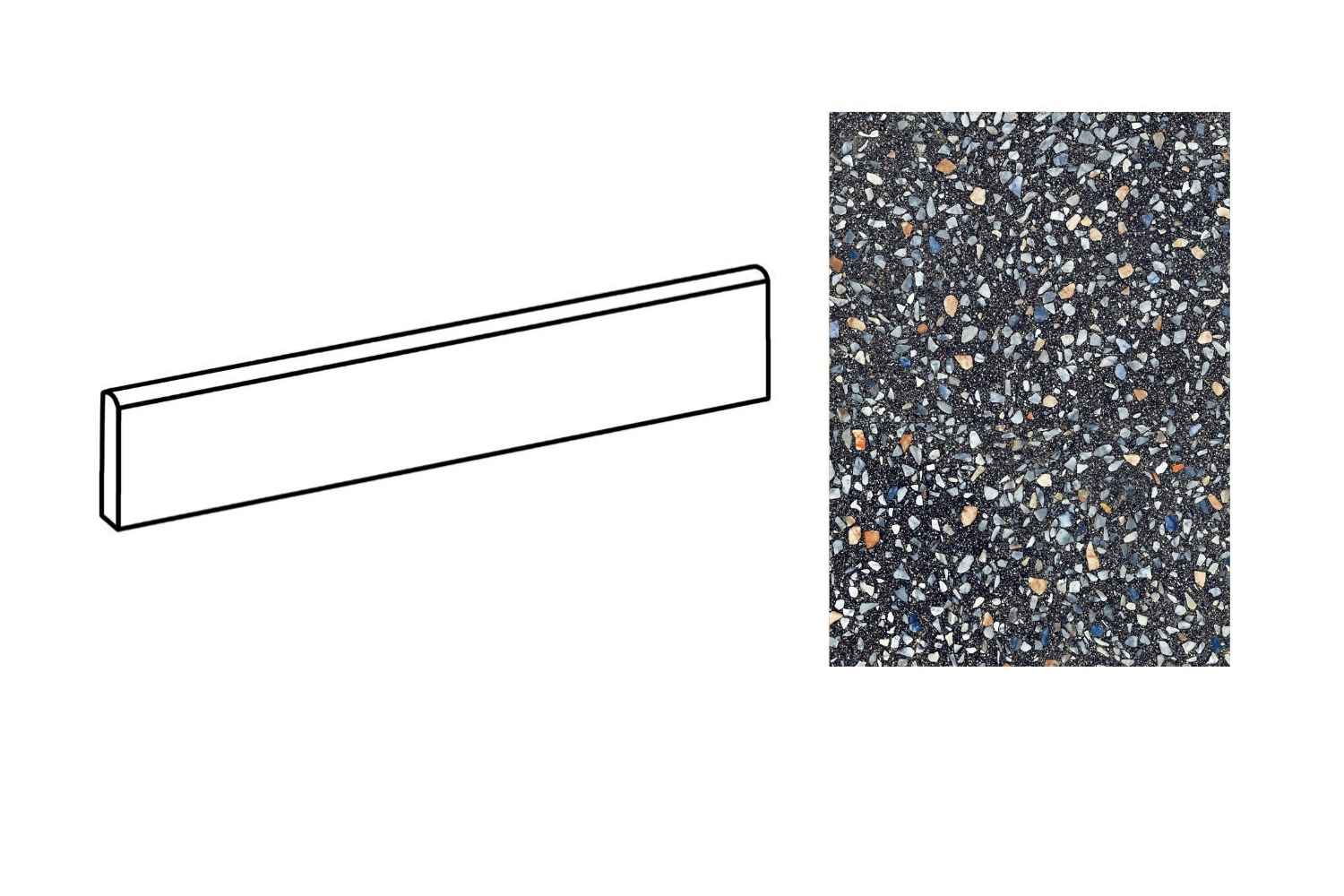 Sant Agostino Glow Plus Night Fliesensockel passend zur gleichnamigen Fliesenserie, in dunkler Terrazzo-Optik mit kontrastreichen Steinfragmenten in Blau, Grau, Beige und Weiß