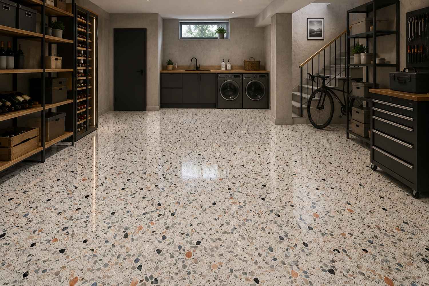 Moderner Keller- und Hauswirtschaftsraum mit Sant Agostino Glow Plus Moon in glänzend polierter Ausführung, heller Terrazzo-Optik und gesprenkeltem Bodenbelag in Weiß, Grau, Schwarz und dezenten Beigetönen