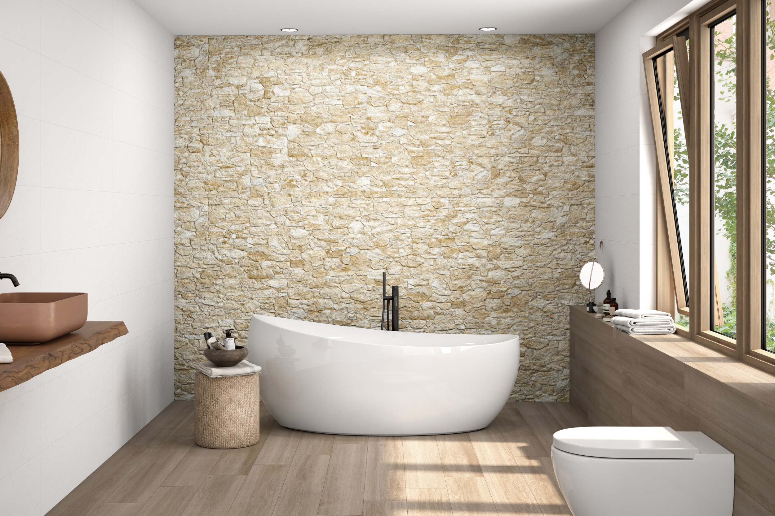 Verblender Fliese Bruchsteinoptik Aitana sand 32x89 cm Wandverblender im Bad Verblender Fliese Bruchsteinoptik Aitana sand 32x89 cm Wandverblender im Bad