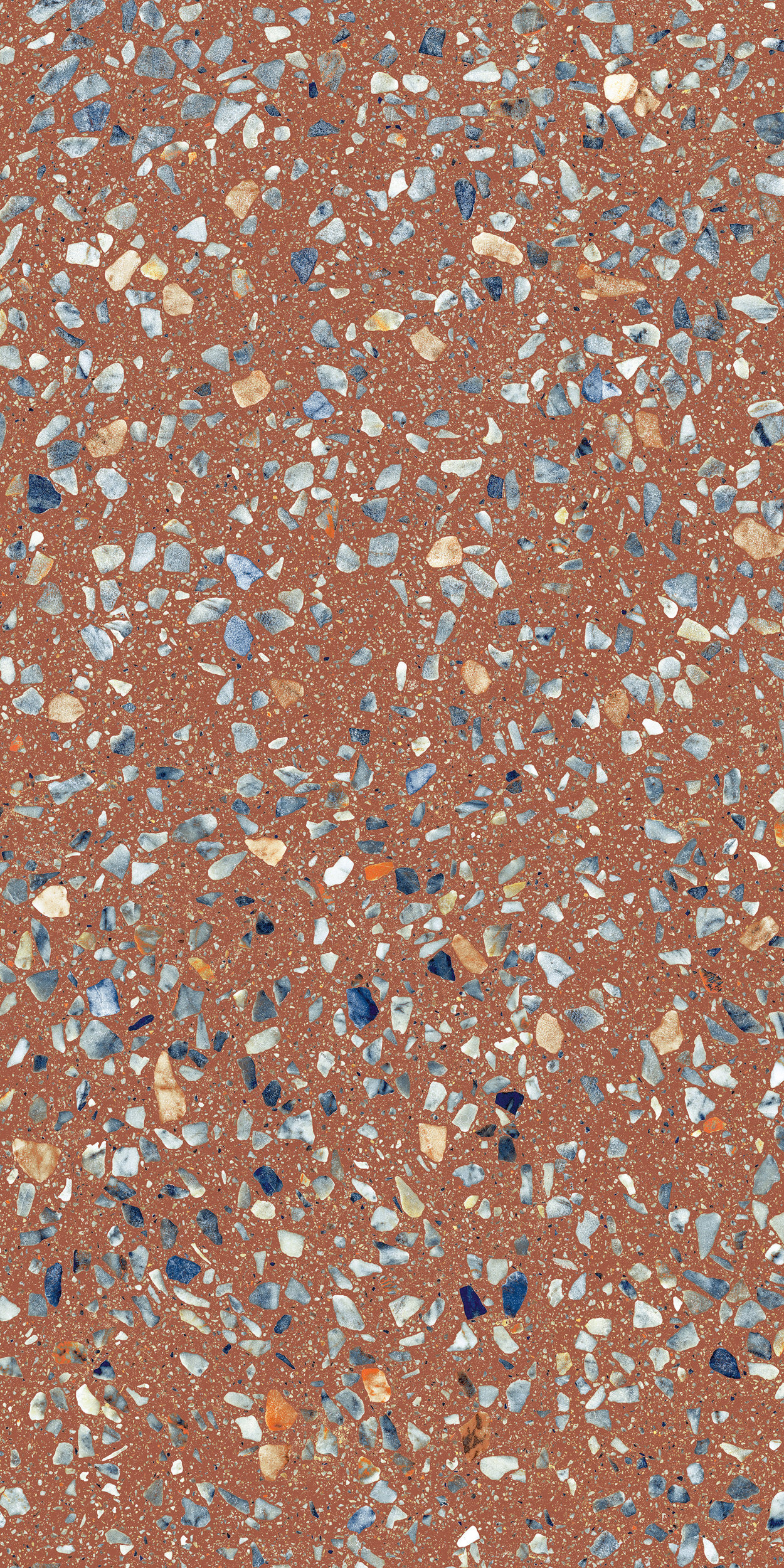 Freisteller der Sant Agostino Glow Plus Sunset im Format 60x120 mit warmer terrakottafarbener Terrazzo-Optik und bunten Steinfragmenten in Blau, Beige, Weiß und Grau