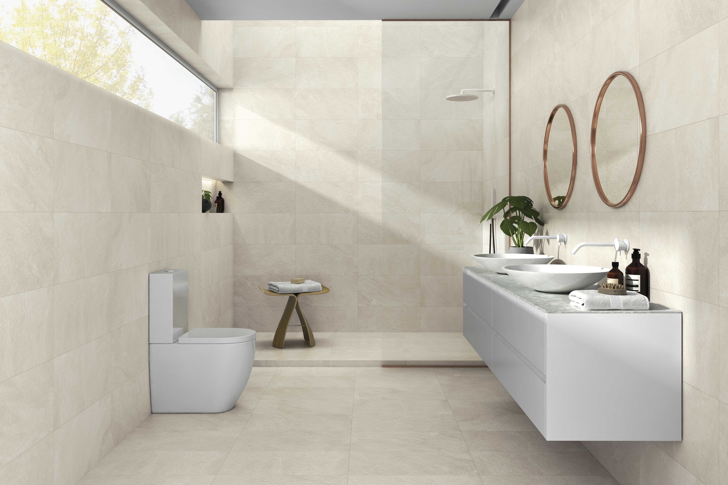 Fliese Schieferoptik Steinoptik Slaterock Bone Bodenfliesen Wandfliesen creme beige im Badezimmer