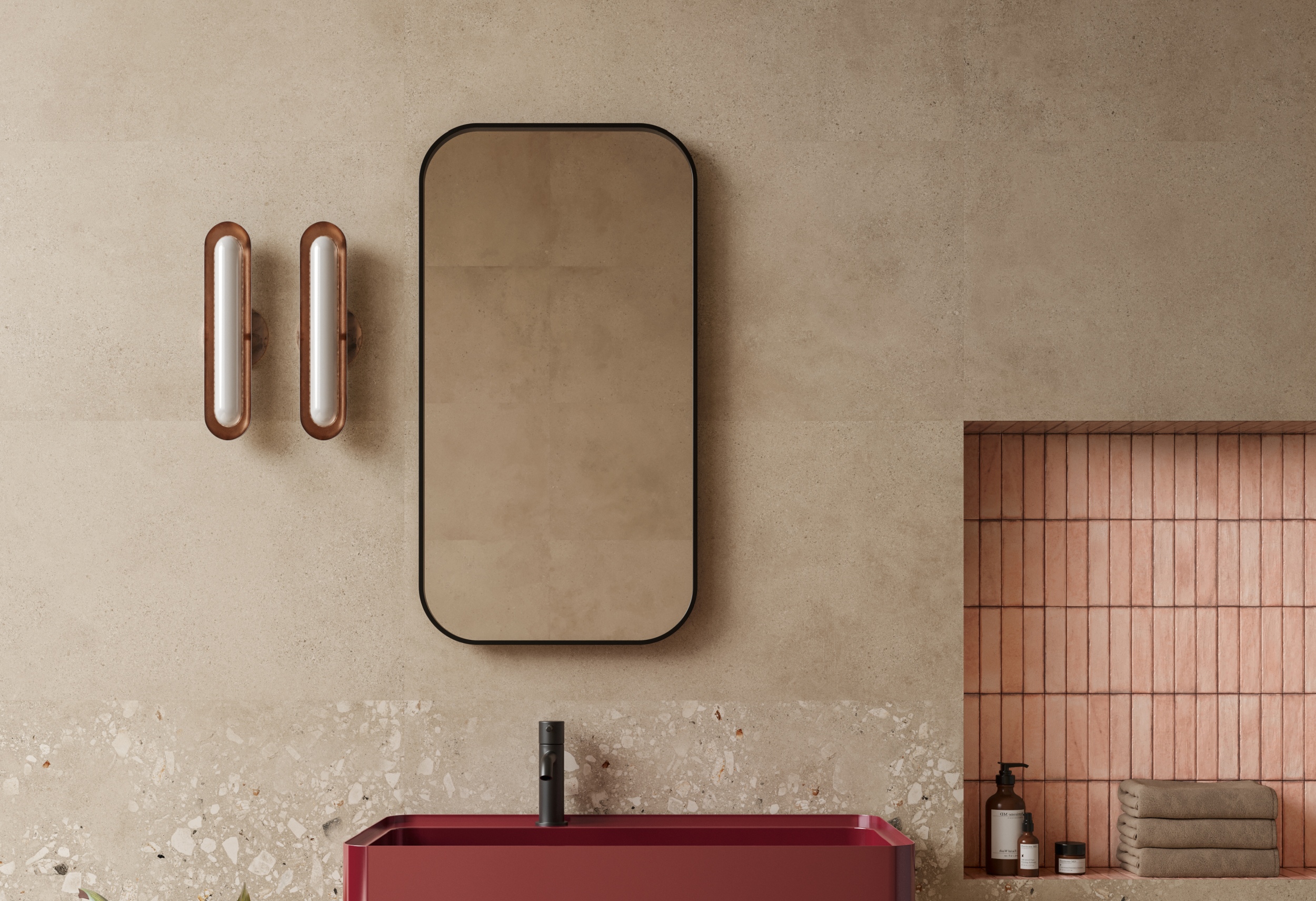 Fliese Zementoptik mit Terrazzo Logico Sand Sant Agostino beige im Badezimmer