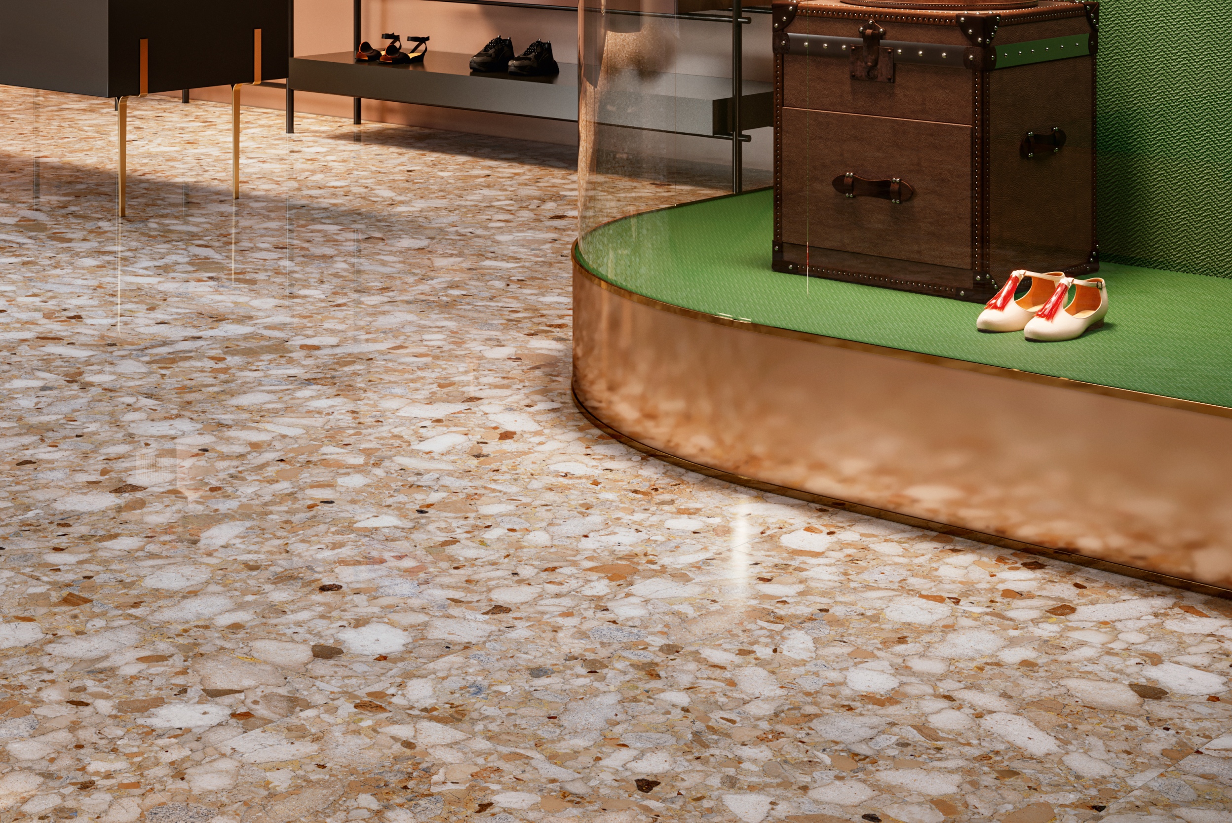 Terrazzo-Fliese große Steinoptik Veni Gold beige matt Bodenfliesen Wandfliesen Luxus Terrazzo-Fliese große Steinoptik Veni Gold beige matt Bodenfliesen Wandfliesen Luxus
