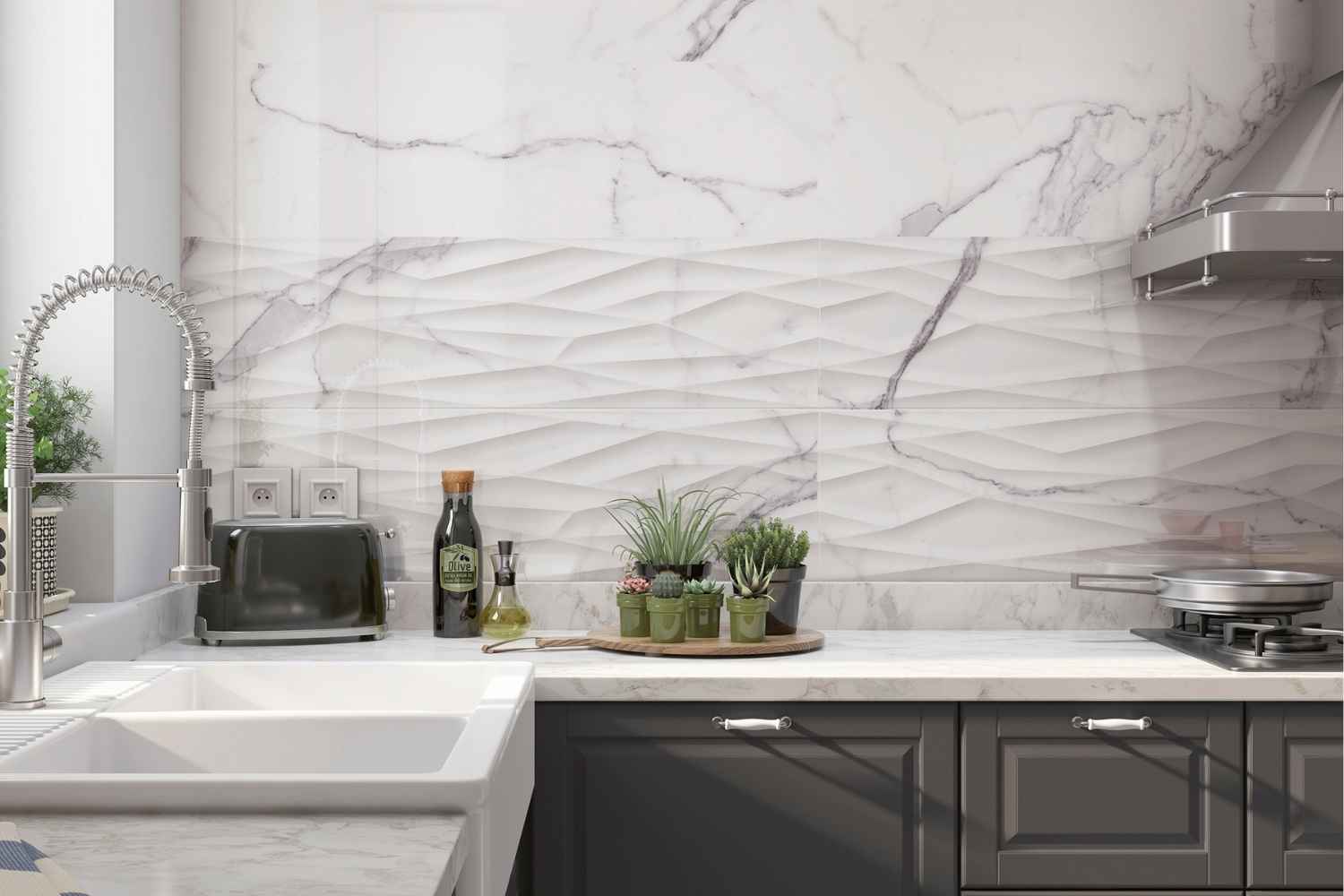 Halcon Palatina weiß glänzend 30x90 cm als 3D Relief Wandfliese in weißer Marmoroptik in moderner Küche