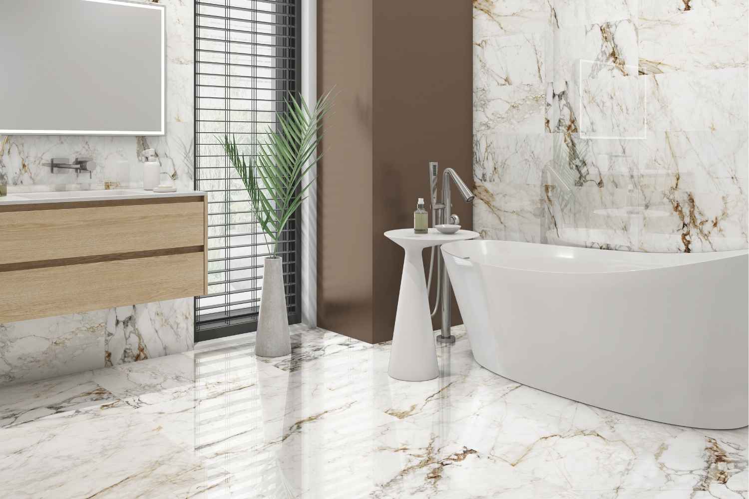 Modernes Badezimmer mit freistehender Badewanne sowie Halcon Barnaby Marmor Gold Fliesen in weiß glänzender Marmoroptik an Wand und Boden