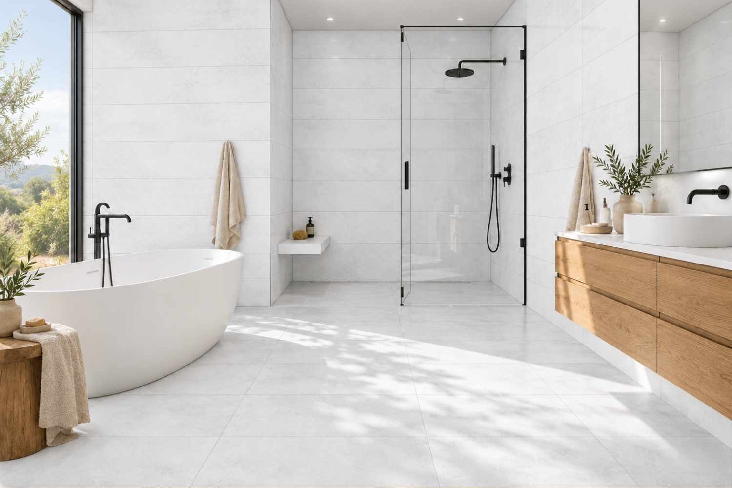 Weißgraue Wandfliesen Madox Blanco in dezenter Betonoptik, waagerecht verlegt im hellen Badezimmer mit freistehender weißer Badewanne, gläserner Dusche, schwarzen Armaturen und schwebendem Holzwaschtisch.