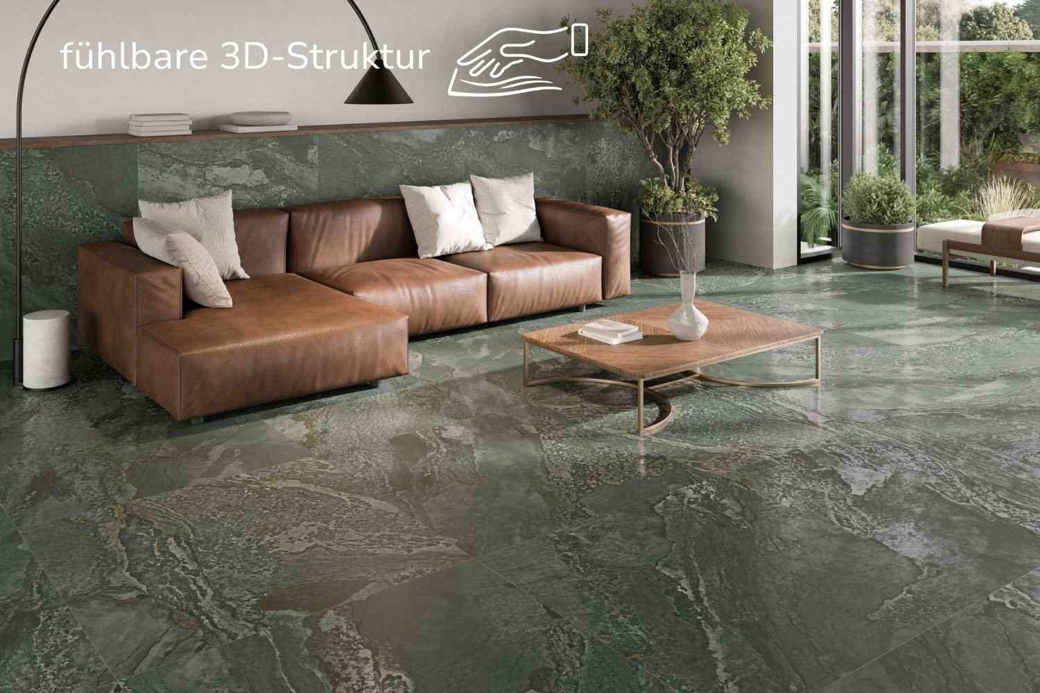 Fliese Metalloptik grün matt 60x120cm "Planet Green" Feinsteinzeug rektifiziert - mit fühlbarer 3D-Struktur