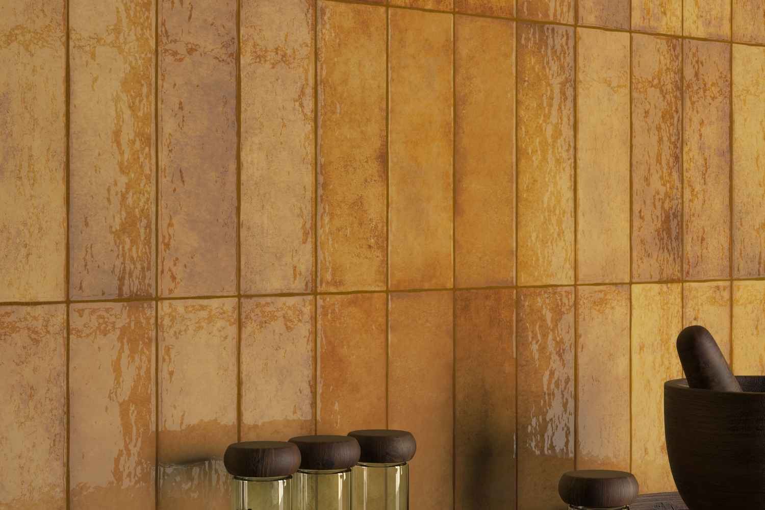 Fliese unregelmäßige Oberfläche 6,5x20 cm "Alfa Look Caramello" braun glänzend