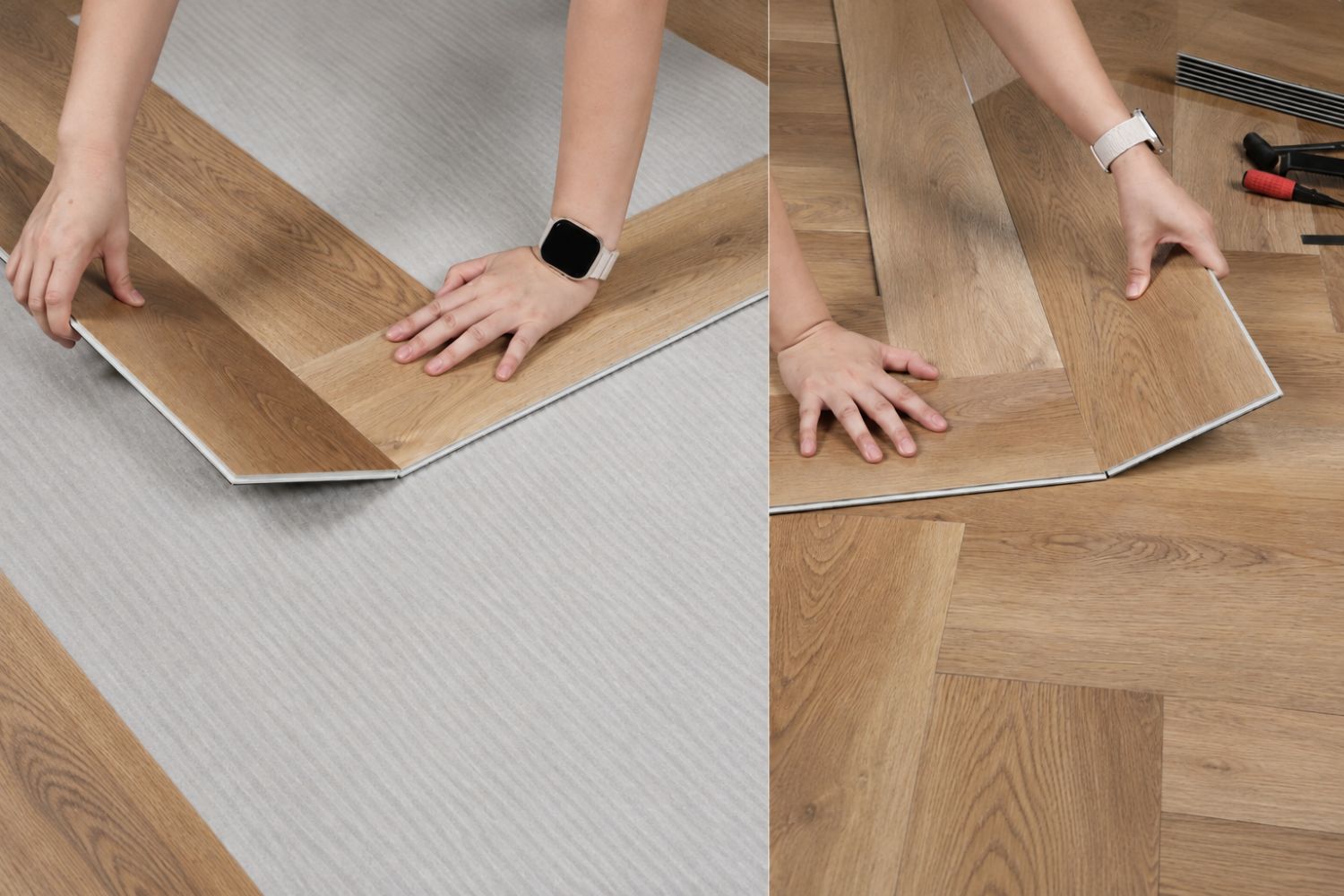 SPC Klick-Vinyl Landhaus Eiche warm Herringbone 15x75x0,65 cm matt mit Trittschalldämmung