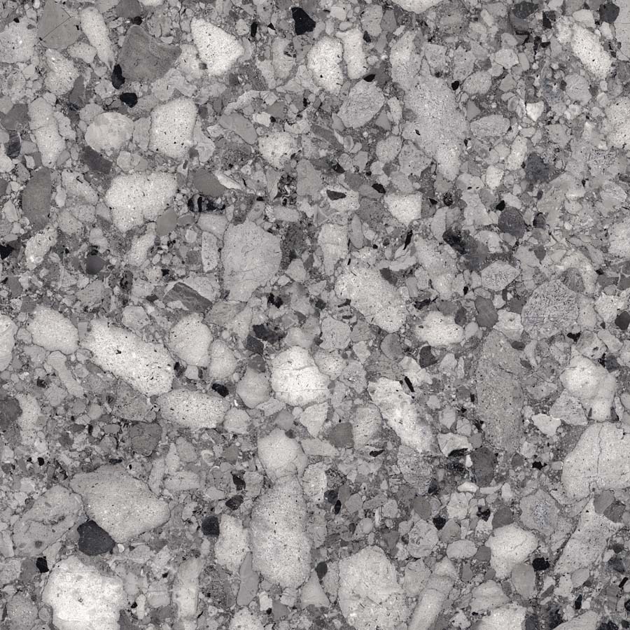Fliese Terrazzo-Steinoptik dunkelgrau glänzend 120x120 cm "Veni Dark" rektifiziert