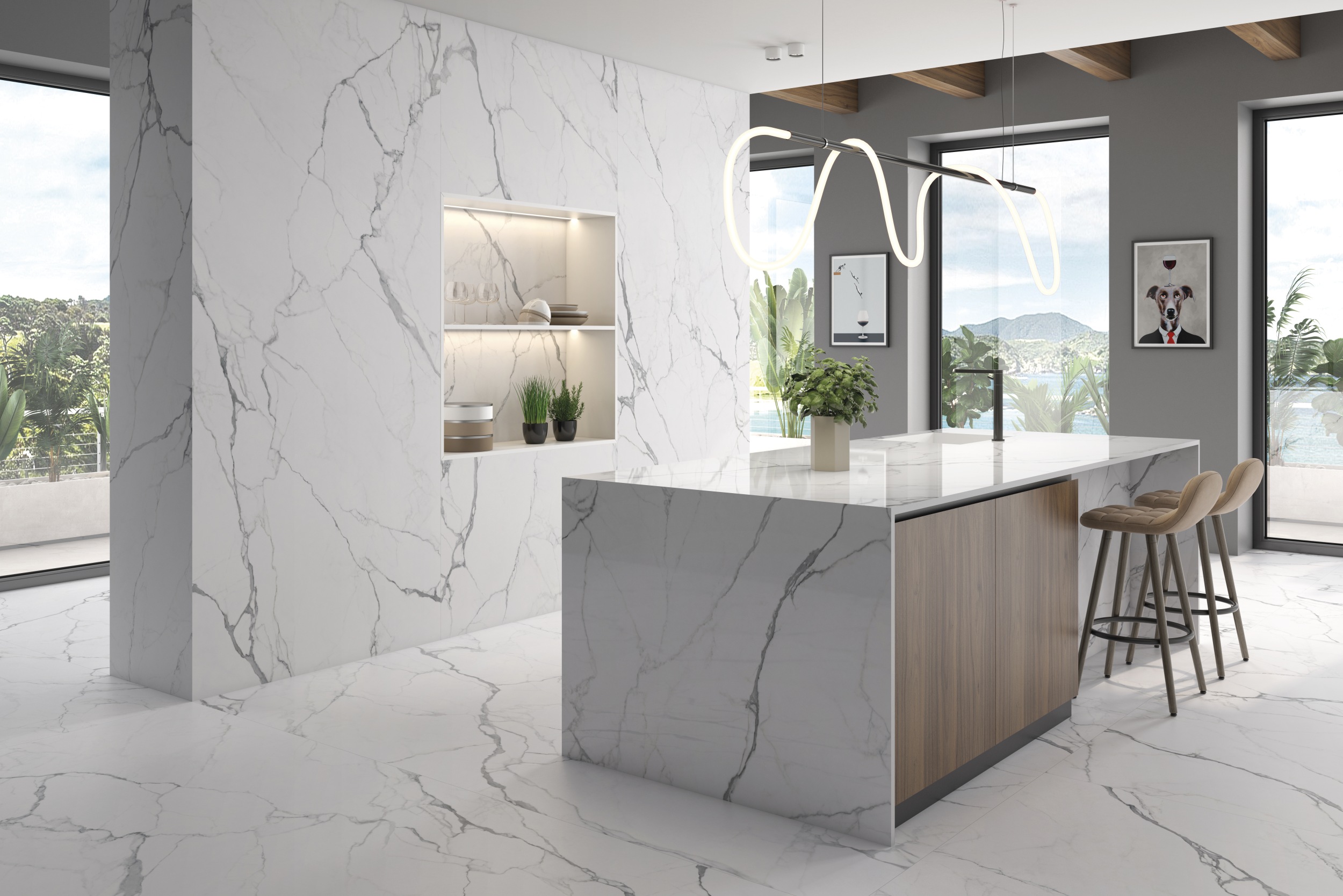 XXL-Fliese Marmoroptik weiß grau Artemisa Blanco poliert glänzend Bodenfliese Wandfliese Großformat in Küche XXL-Fliese Marmoroptik weiß grau Artemisa Blanco poliert glänzend Bodenfliese Wandfliese Großformat in Küche
