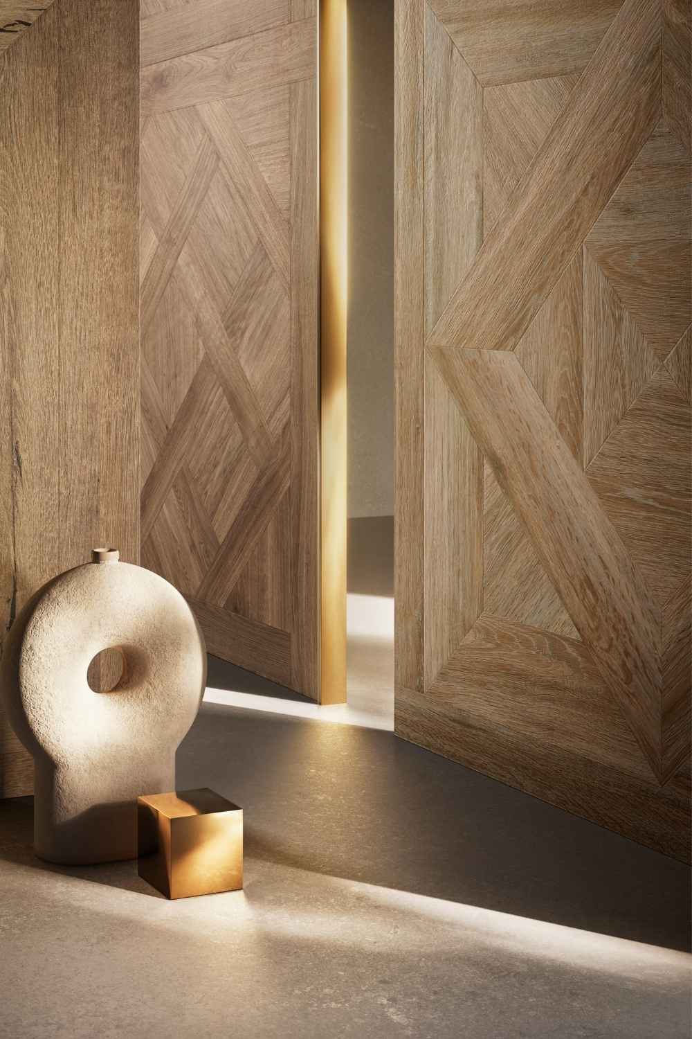 Sant Agostino Ricordi Glam 02 Barkwood Natural als Wandfliese in natürlicher Holzoptik mit markanter geometrischer Tafelparkett- und Kassettenparkett-Struktur, elegant inszeniert mit warmen Lichtakzenten